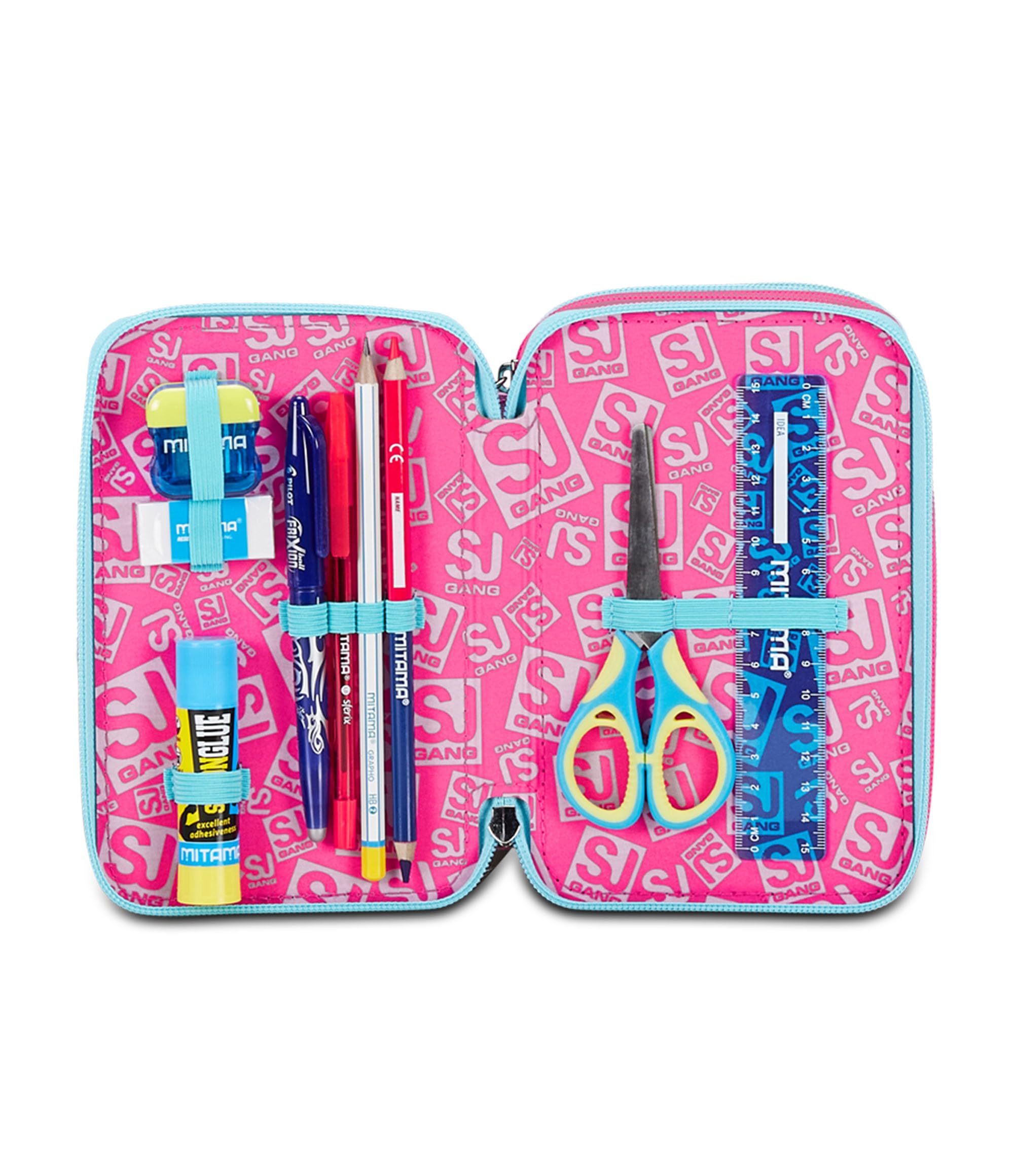 SJ Gang Astuccio Scuola 3 Zip, Rosa, Pinkfur, Portapenne Triplo Scomparto Completo Di Penne, Matite, Colori, Accessori Zaino, Elementari, Medie, Bambina, 30C202431-5C1