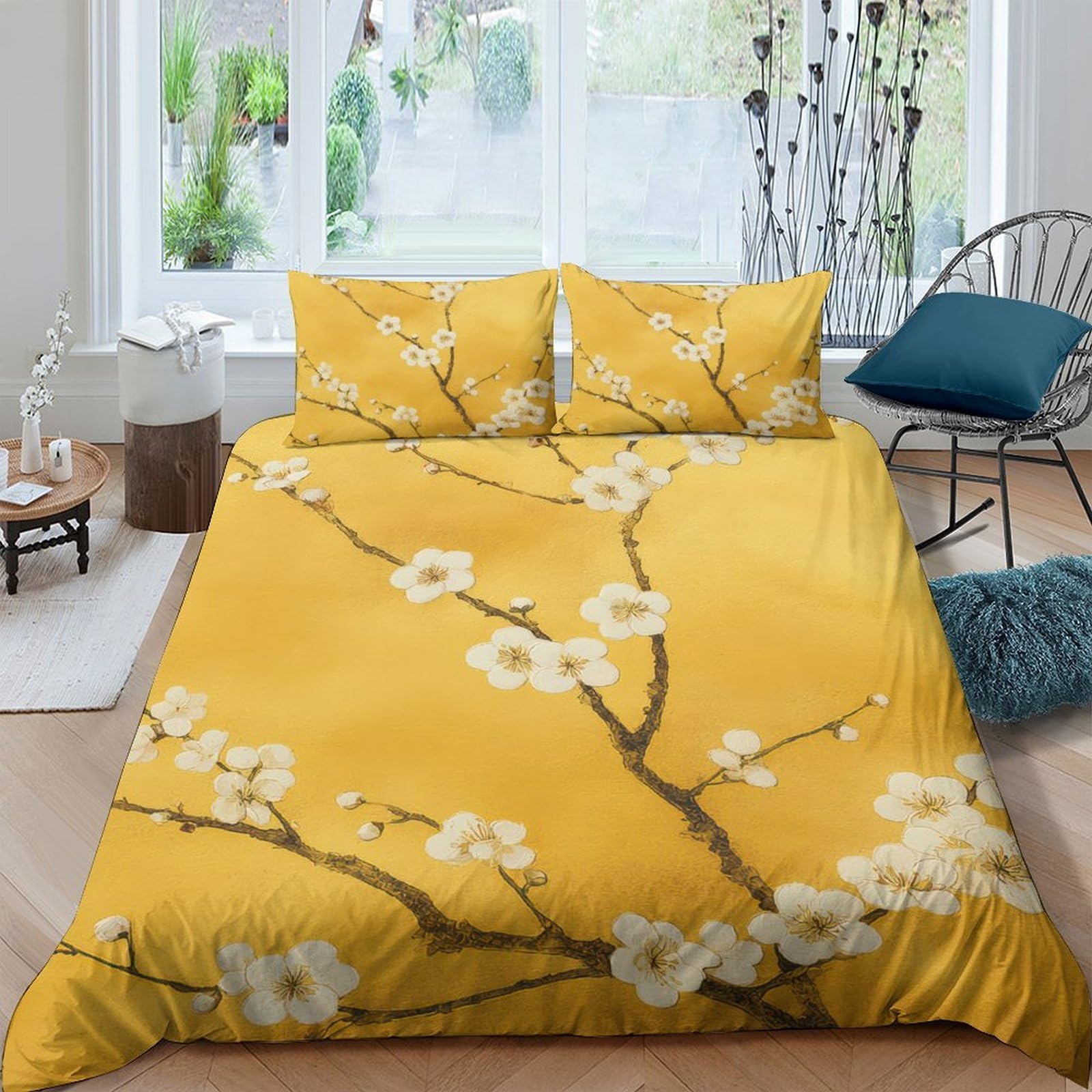 P5V6M1Q9 3D Printed Yellow Blossom Duvet Cover Microfiber Soft Breathable Plum Flower Bedding Set with 2 Pillowcases for Bedroom Decor Single（135x200cm）