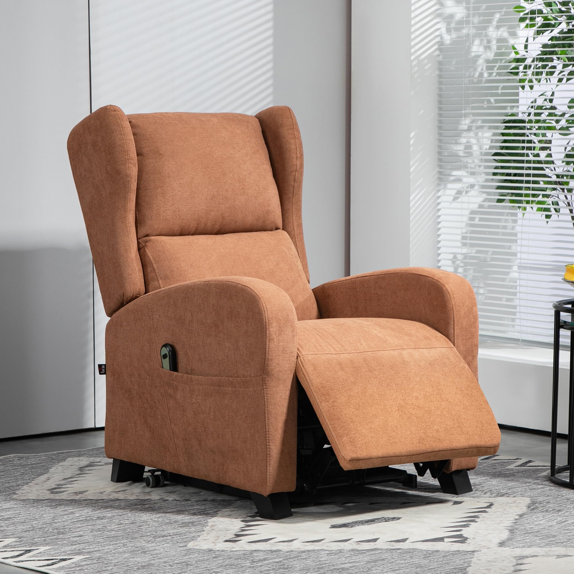 HOMCOM Poltrona Elettrica Alzapersona Reclinabile 160° con 2 Ruote Universali, Poltrona Relax Elettrica in Tessuto con Telecomando, Poggiapiedi e Tasche Laterali, Marrone Scuro