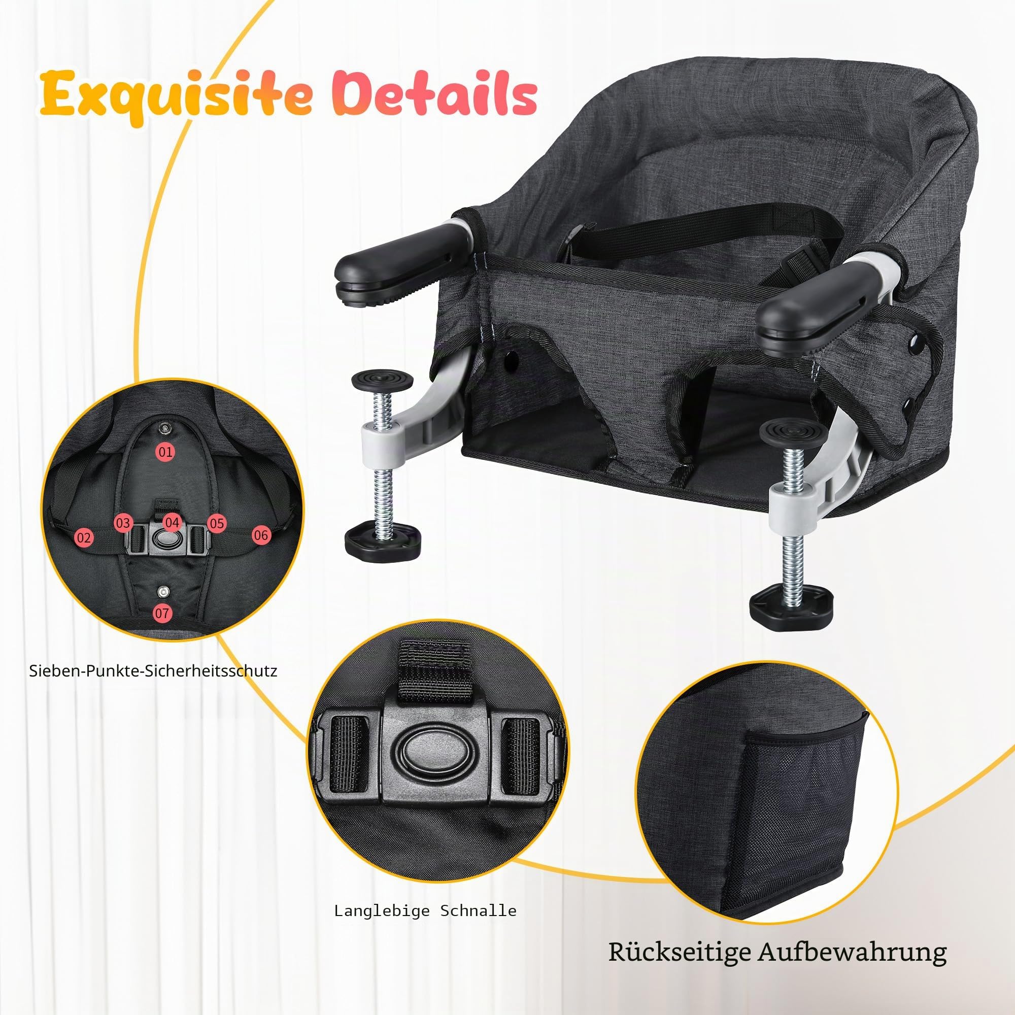 Toogel Klappbarer Tischsitz, Tragbarer Baby Hochstuhl mit Sicherheitsgurt, Kinderstuhl zum Anklippen, Sitzerhöhung Stuhlsitz Babysitz mit Transporttasche für Zuhause und Unterwegs (Schwarz)