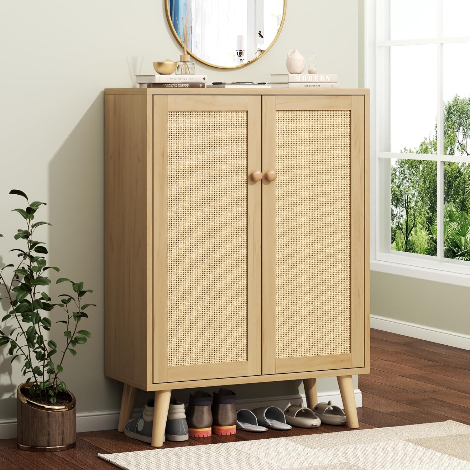 Loomie Rattan Shoe Cabinet, 6-Tiers Shoe Storage Cabinet for Entryway Hallway, 2 Door Accent Cabinet with Adjustable Shelves, 44" H Tall Sideboard Storage Cabinet Closet Living Room (Natural)