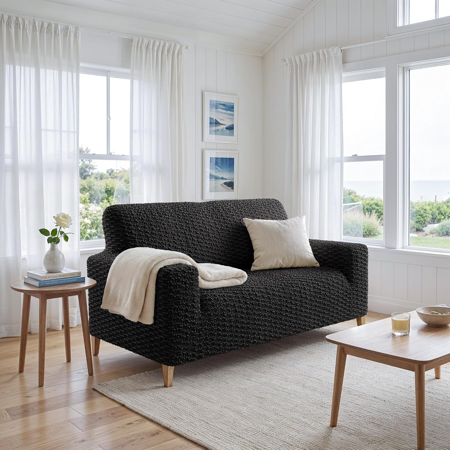 PAULTO BY GA.I.CO. Stretch Sofa Slipcovers – Soft Elastic Fabric Couch Cover for Armchair Loveseat 3-Seater & 4-Seater Sofa Cover – Non-Slip Furniture Protector Washable - Black (40"-63" Wide)