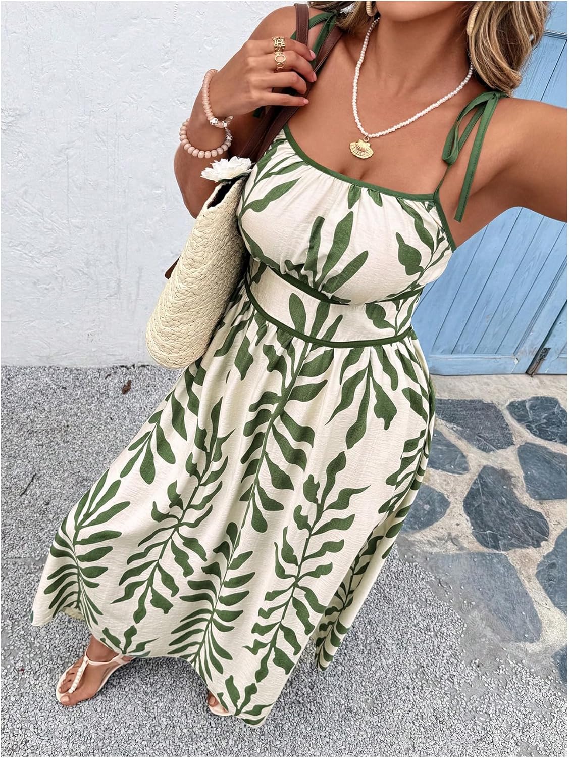 Women's Plus Size Boho Maxi Dress Ruched Milkmaid Dress Flowy Ruffle Summer Vacation Cami Sundress - Image 3