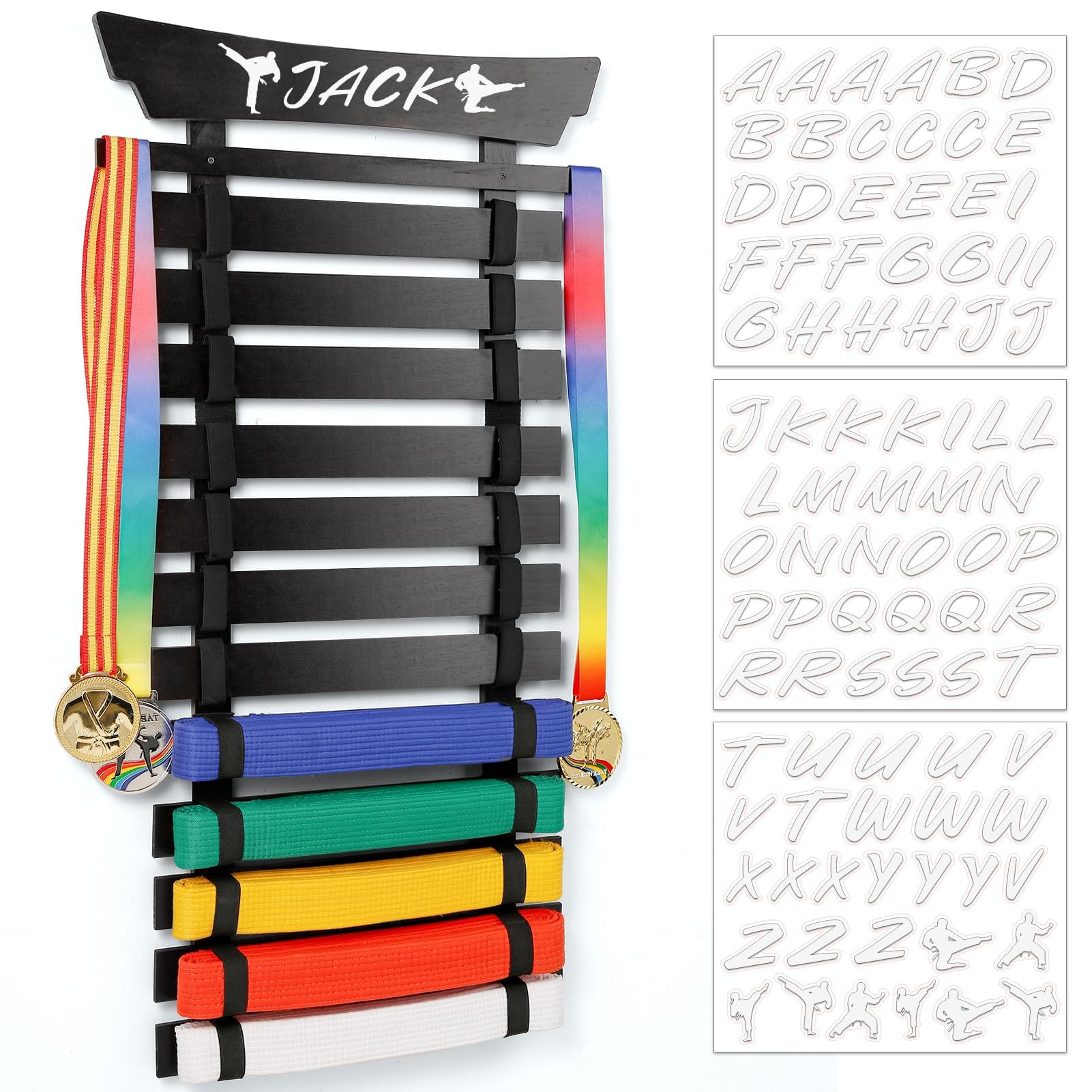 Winartton Karate Belt Display Rack with Stickers, Martial Arts Belt Display Holder, Taekwondo Belt Jiu Jitsu Belt BJJ Belt Display Hanging Holder for