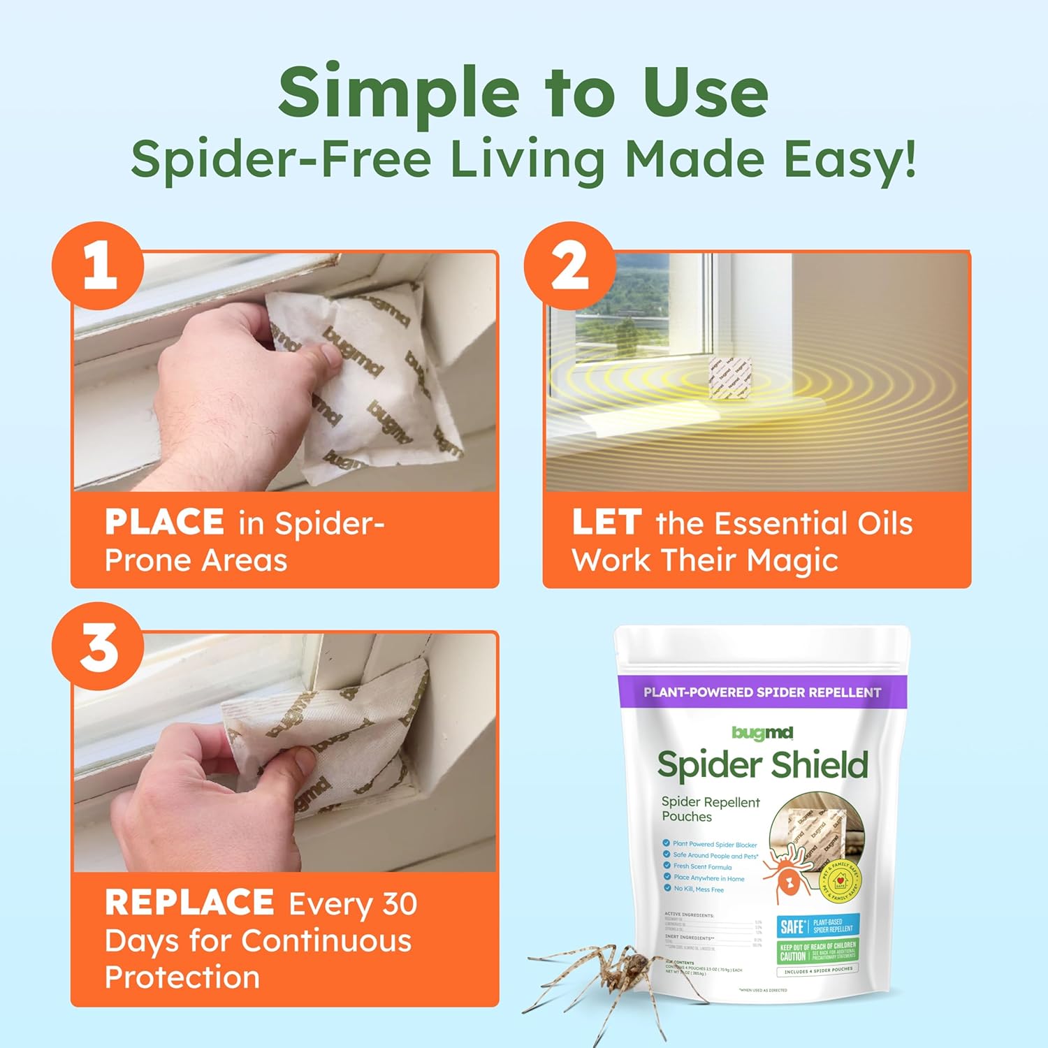 BugMD Spider Shield Repellent Pouches | Plant-Based Indoor & Outdoor Spider Repellent | Safe for Pets & Family | Natural Citronella, Rosemary & Lemongrass Oils | Long-Lasting Spider Protection - Image 4
