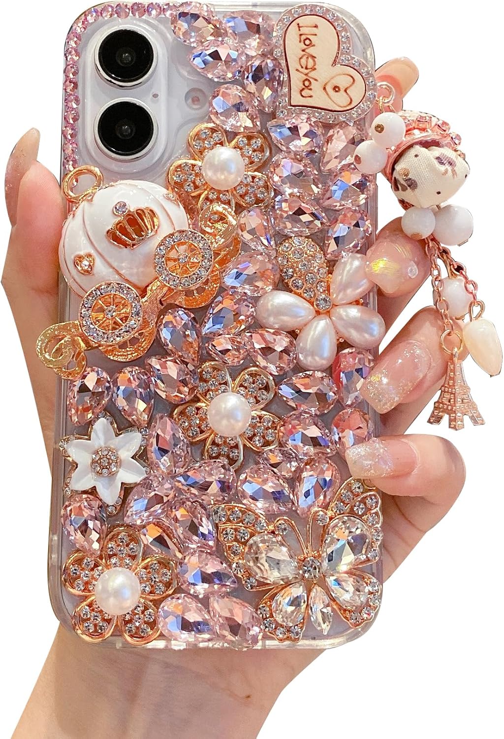 iFiLOVE for iPhone 16 Plus Bling Diamond Case, 3D Luxury Sparkle Glitter Crystal Rhinestone Butterfly Flower Pendant Charm Case Cover for Girls Women Kids (Pink) Pink For iPhone 16 Plus