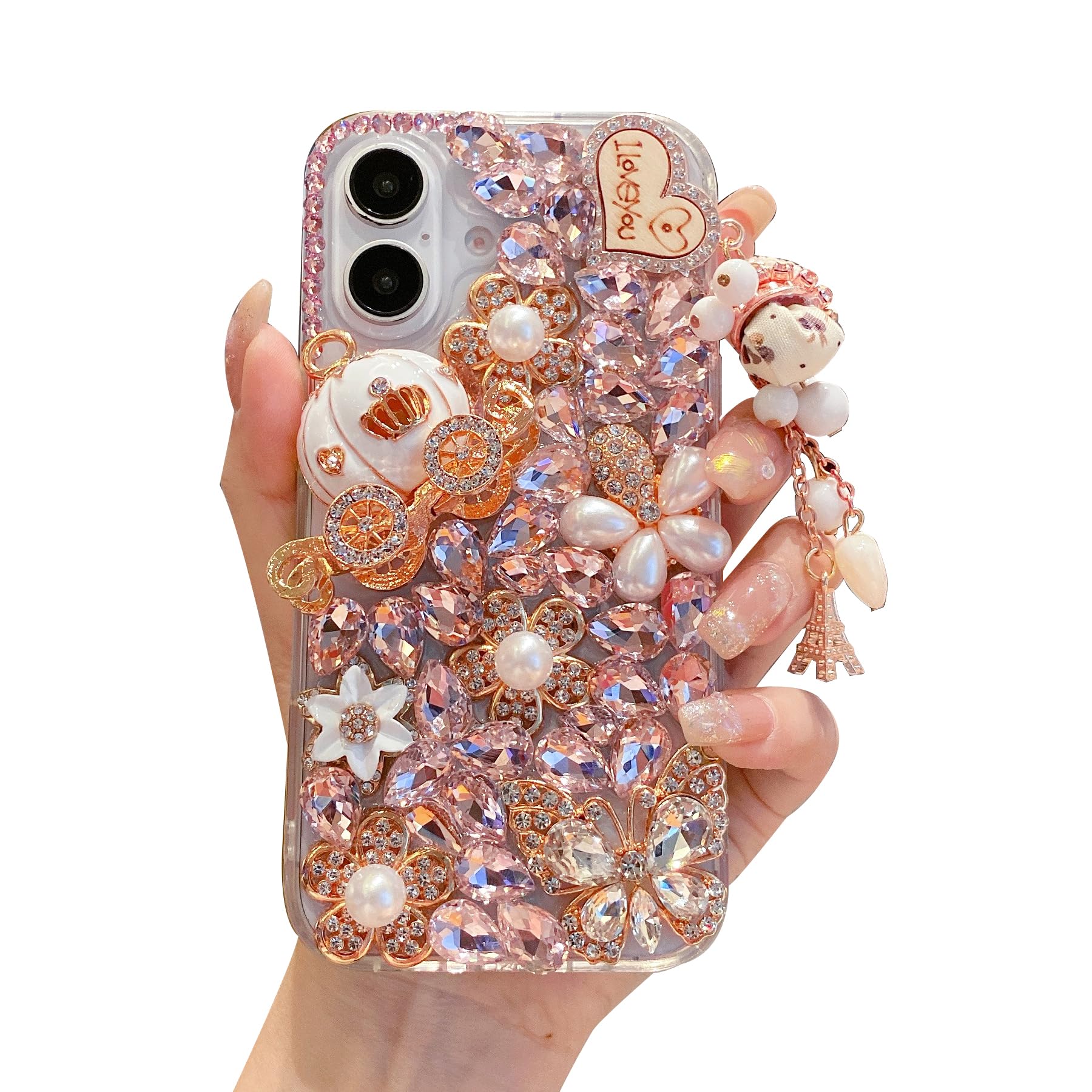 iFiLOVE for iPhone 16 Plus Bling Diamond Case, 3D Luxury Sparkle Glitter Crystal Rhinestone Butterfly Flower Pendant Charm Case Cover for Girls Women