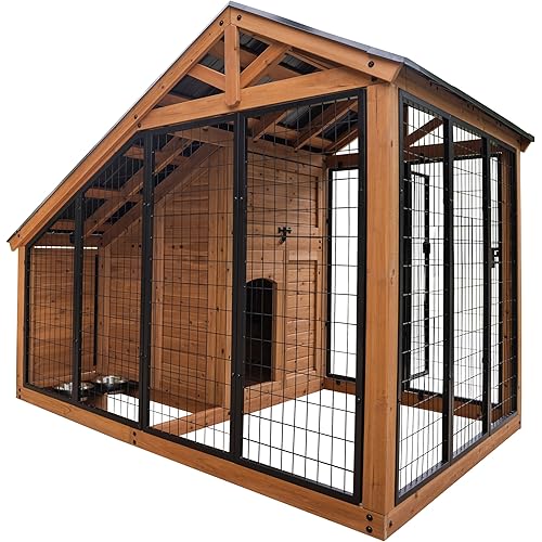 Backyard Discovery 7' x 5' Waggin' Retreat Cedar Wood Large Dog Kennel with Galvanized Steel Roof, Feeding Door, Doghouse Back Door, Water and Food Tray, Secure Lock Gate for Safe Outdoor Pet Shelter
