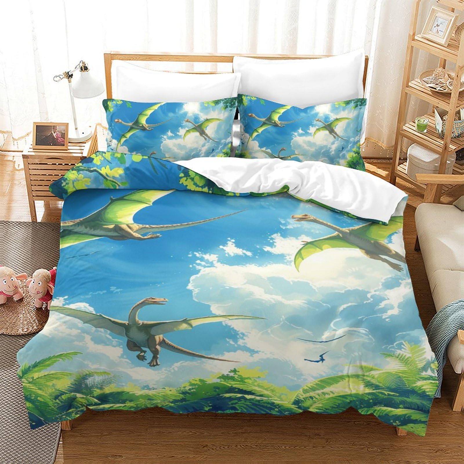 Housse de couette dinosaure 140x200 parure de lit microfibre 3 pièces single