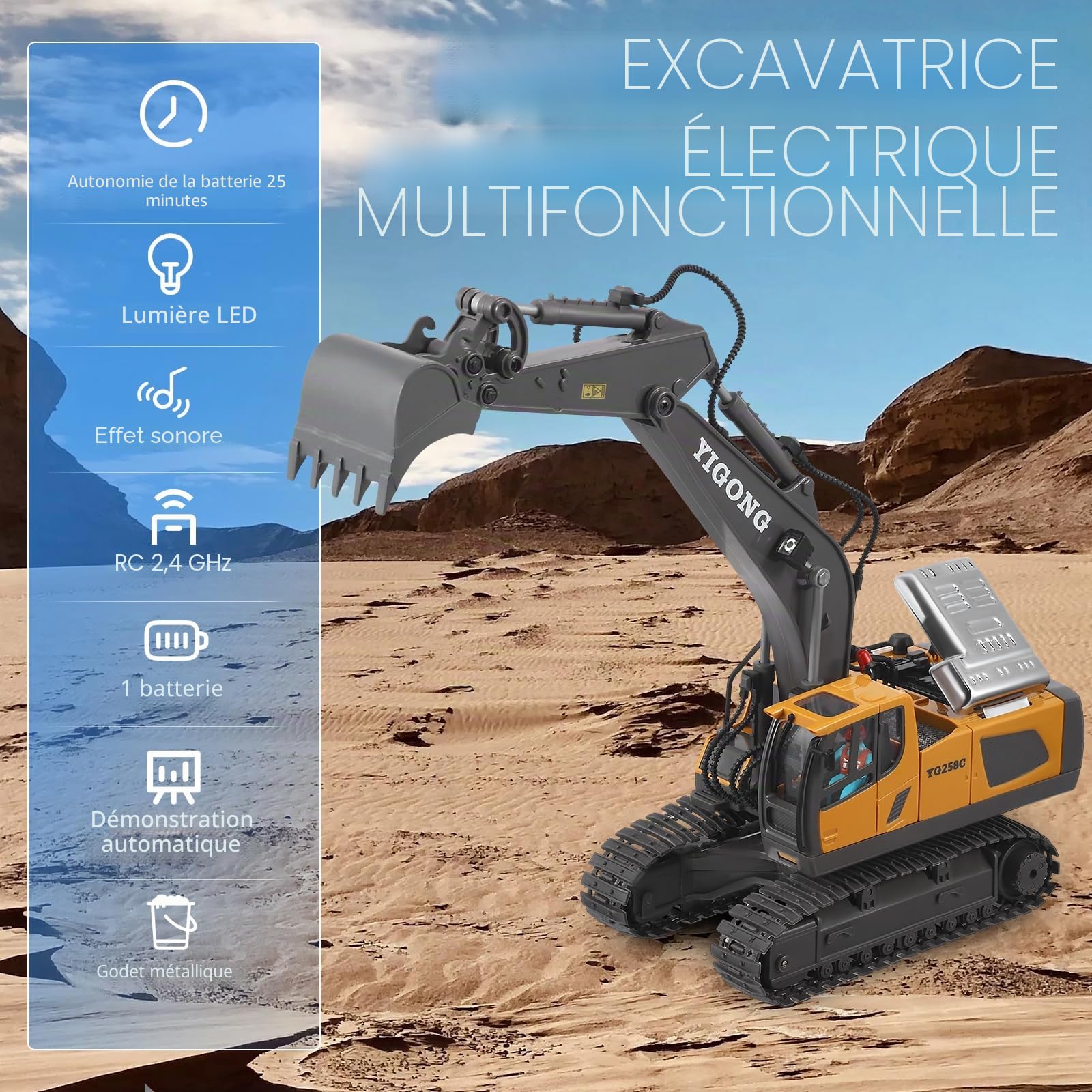 Pelleteuse télécommandée avec télécommande avec lumière et son pour garçons de 3 à 12, 2,4 GHz, en métal, avec pelle en alliage et rotation à 680°, cadeau d'anniversaire, de Noël