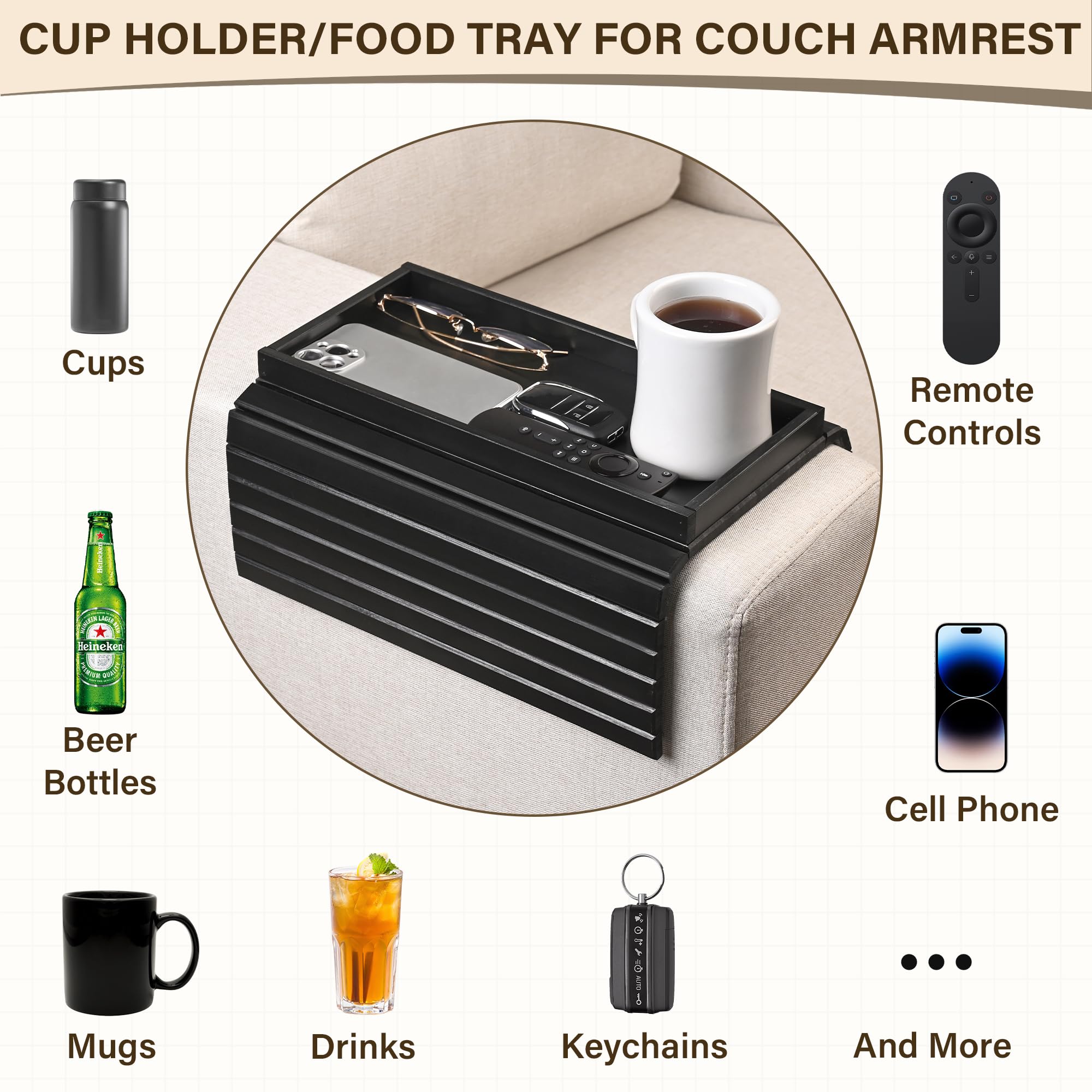 Bandeja de bambú para reposabrazos de sofá, bandeja para reposabrazos de sofá, bandeja plegable para reposabrazos, mesa de sofá para comer, bebidas, aperitivos, control remoto, teléfono