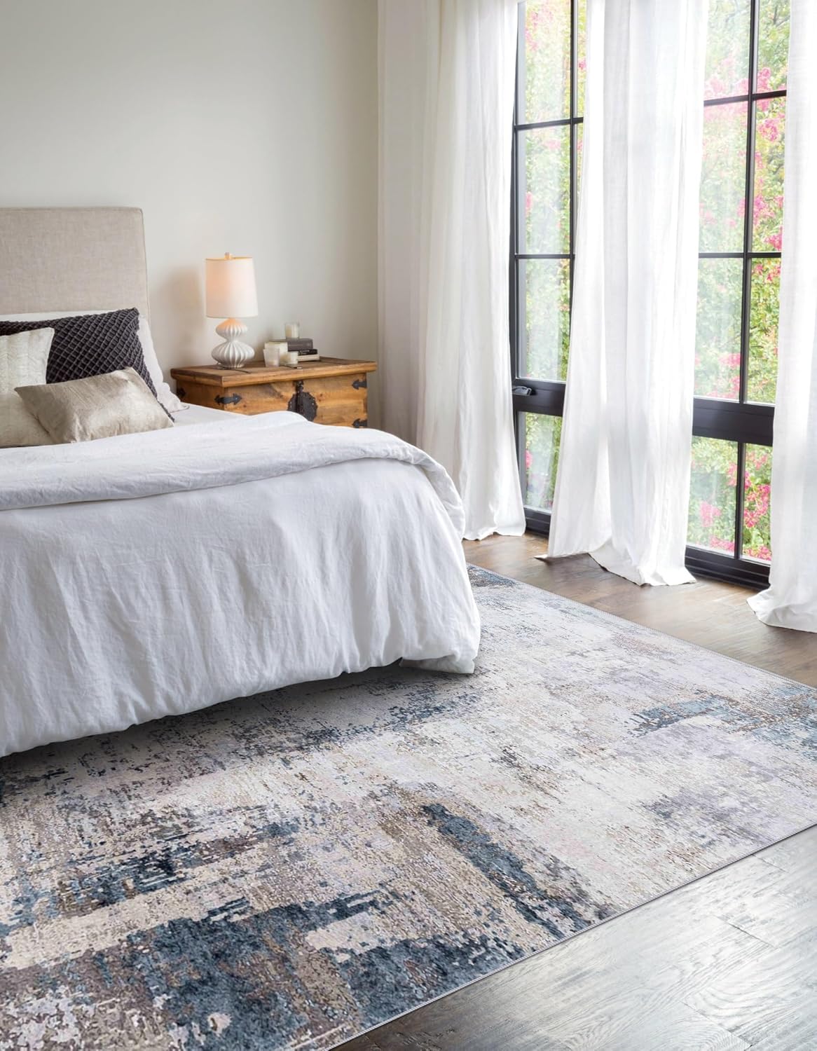 vivorug 9x12 Area Rugs for Living Room, Non Slip Machine Washable Modern Abstract Rug, Ultra-Thin Lightweight Large Area Rug Carpet for Bedroom, Dining Room, Low Pile Gray/Navy Grey/ Navy 9' x 12' (Rectangular)