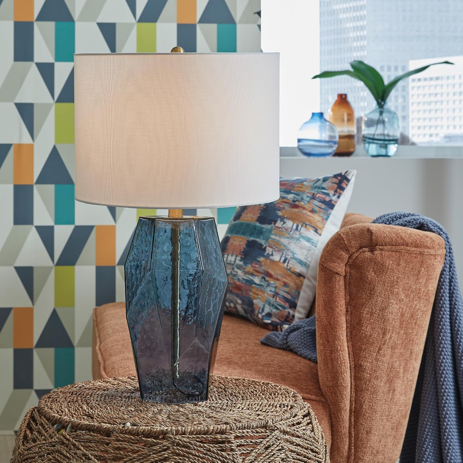 Signature Design by Ashley Tallow Contemporary Glass Table Lamp with 3-Way Switch, Blue & White