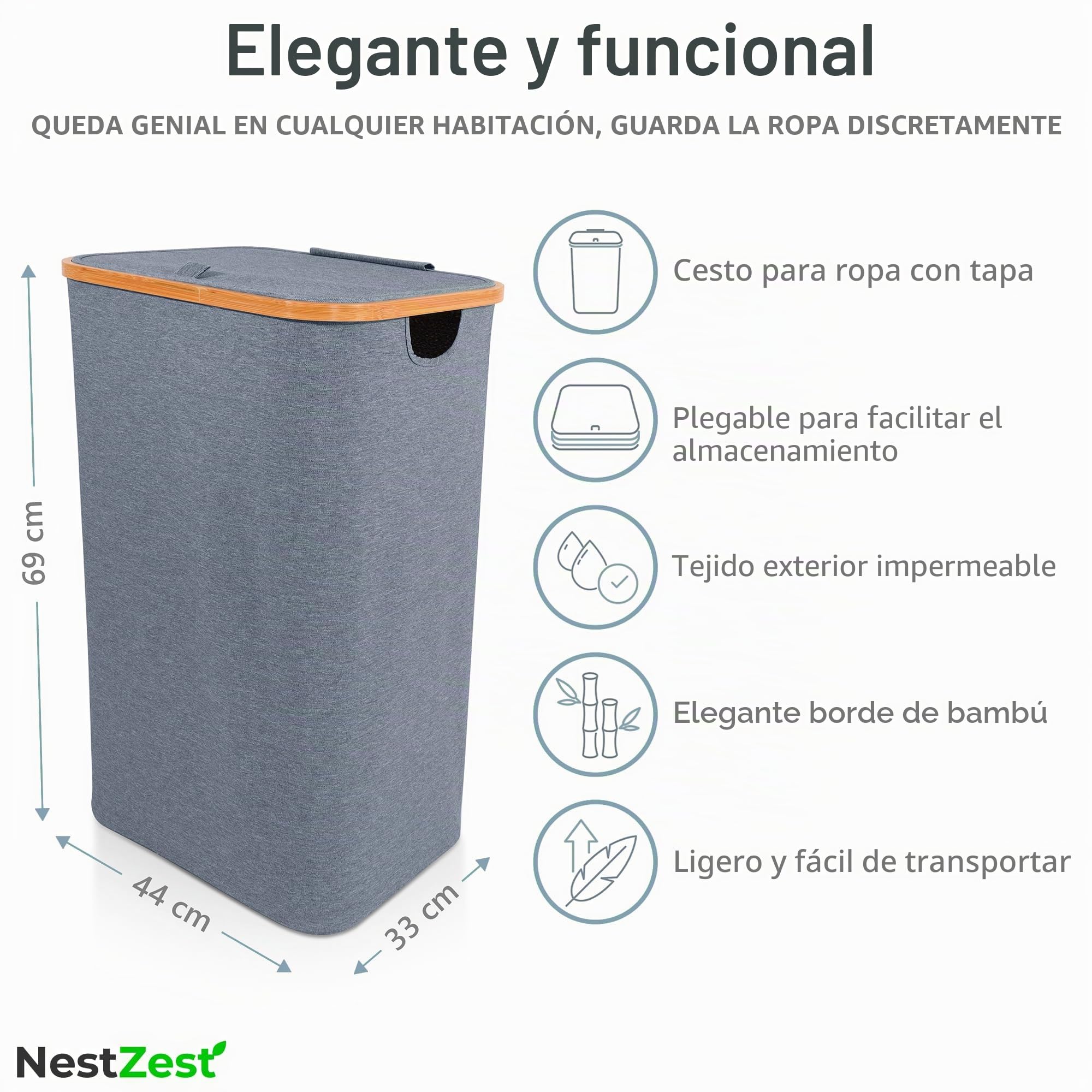 Nest Zest Cesta doble para la ropa sucia de 100 litros con tapa, 2 compartimentos para clasificar el lavado, cesta de lavandería con guía de cuidado y 2 bolsas interiores extraíbles, cesta de ropa