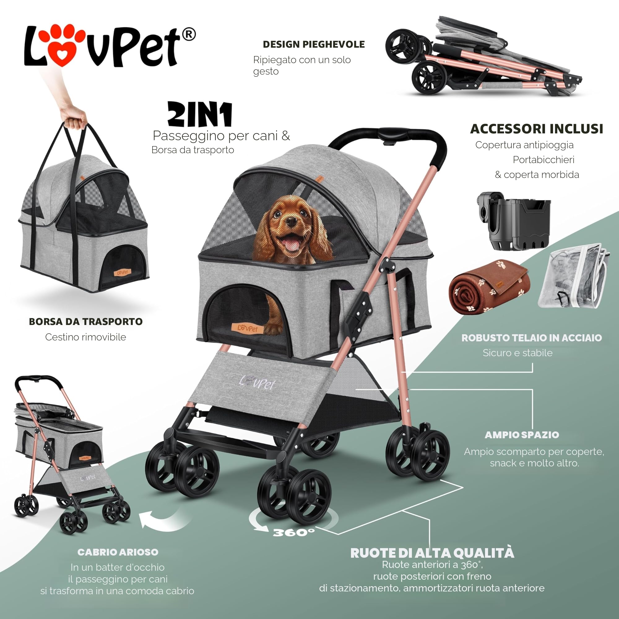 LOVPET® Passeggino per cani 2in1 - box per trasporto cani - borsa da trasporto per cani pieghevole fino a 20 kg - carrello per animali con finestre a rete e parapioggia I grigio chiaro