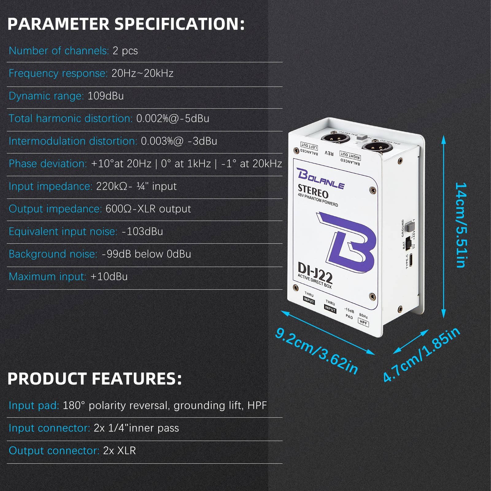 Bolanle J22 Active Stereo DI Box – 2-Kanal Aktive Direct Box mit 48V Phantom/Batterie/USB Stromversorgung, PAD Switch für Live Sound