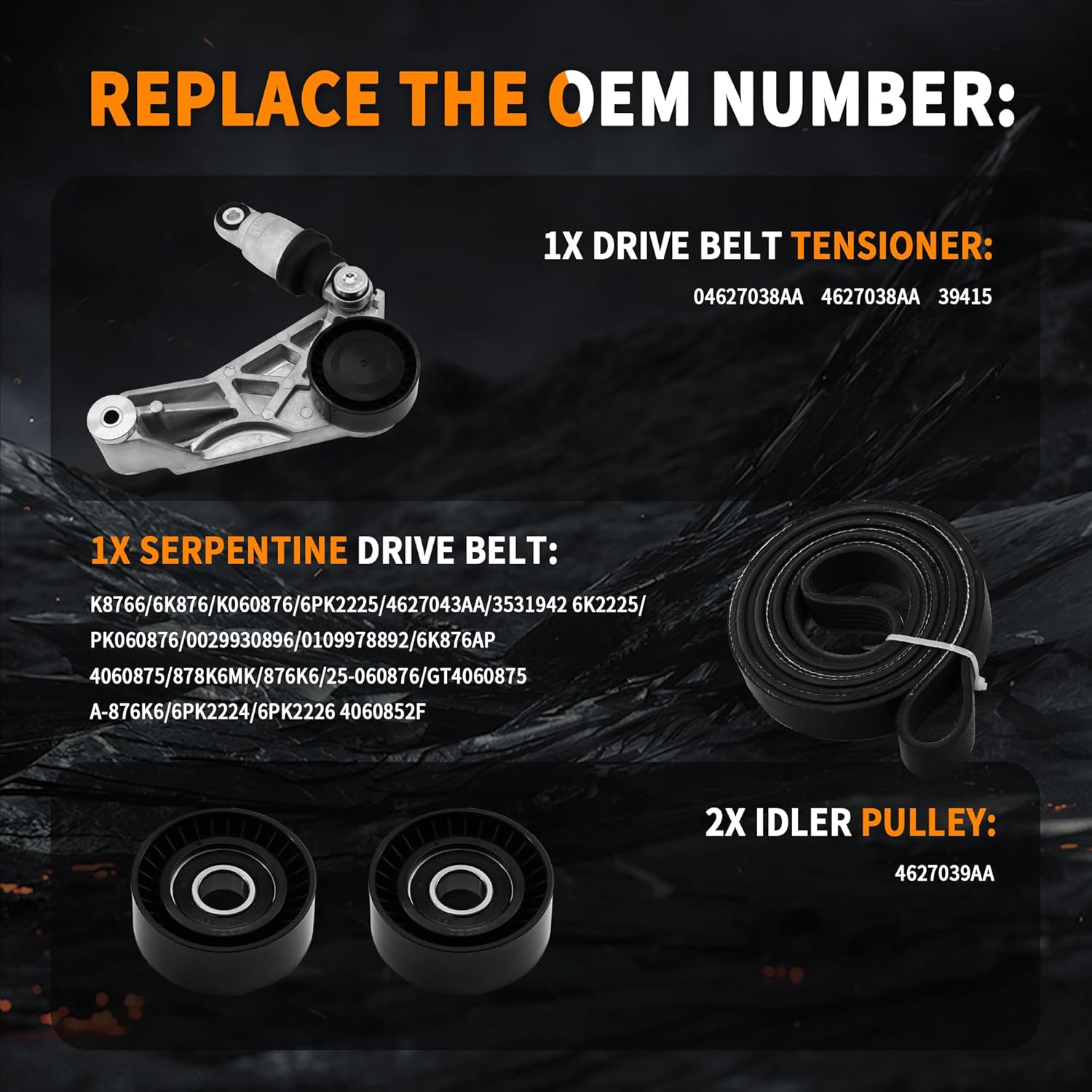 4627038AA KIT Drive Belt Kit with Belt Tensioner Idler Pulleys, Compatible with Jeep Wrangler JK 3.6L 2012-2018 Replacement for 4627038AA