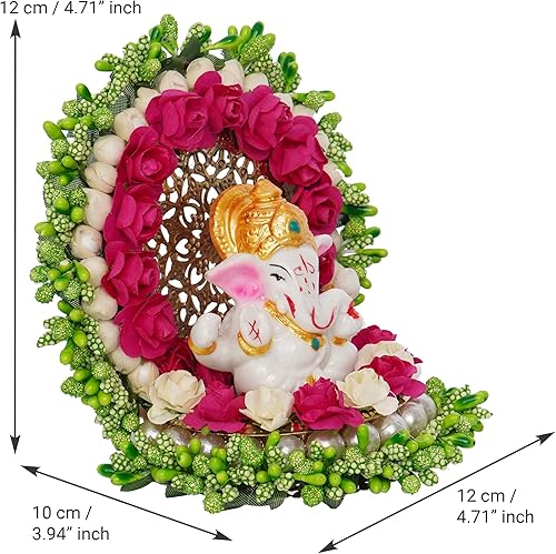 Miniatura 4 de Msgg630 - Plato decorativo de metal y poliresina Lord Ganesha Idolo en decorativo hecho a mano con flores verdes para el hogar y el automóvil