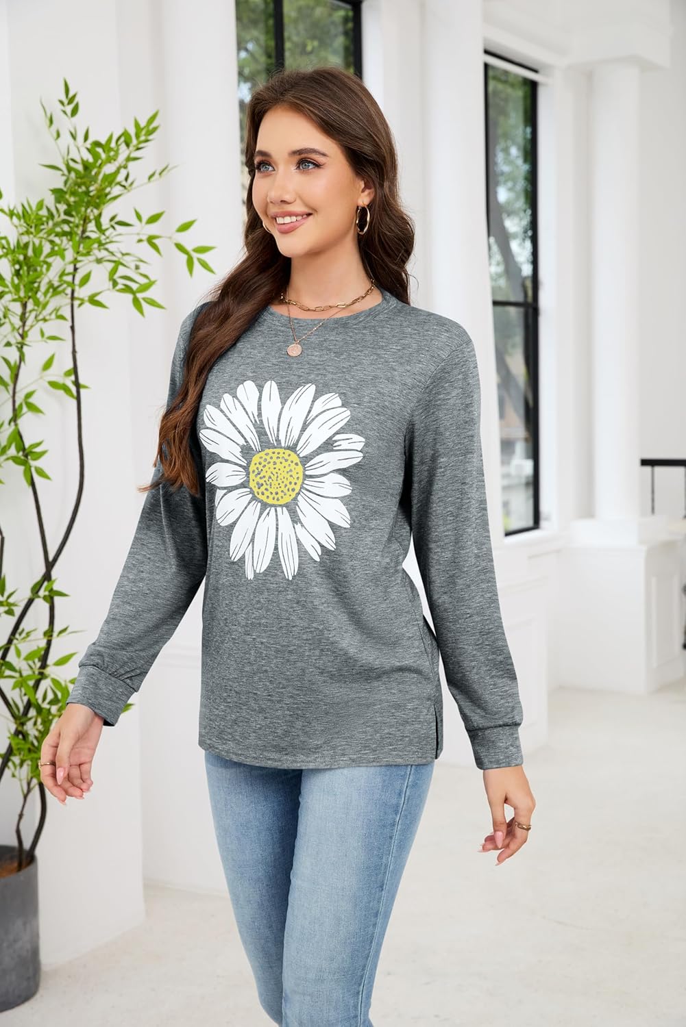 Womens Sunflower Graphic Long Sleeve Casual Cotton Tee Tops Fashion Floral Printed Crewneck Tees Shirt - Image 4