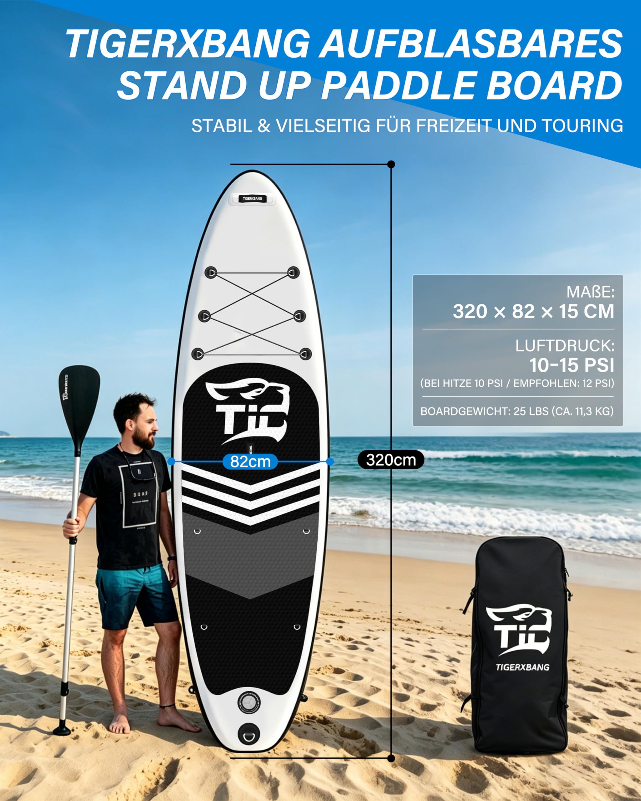 TIGERXBANG Stand Up Paddle Board aufblasbar für Erwachsene und Jugendliche, 320×82×15 cm Allround SUP mit Kajaksitz, verstellbarem Doppelpaddel, Sicherheitsleine und Rucksack