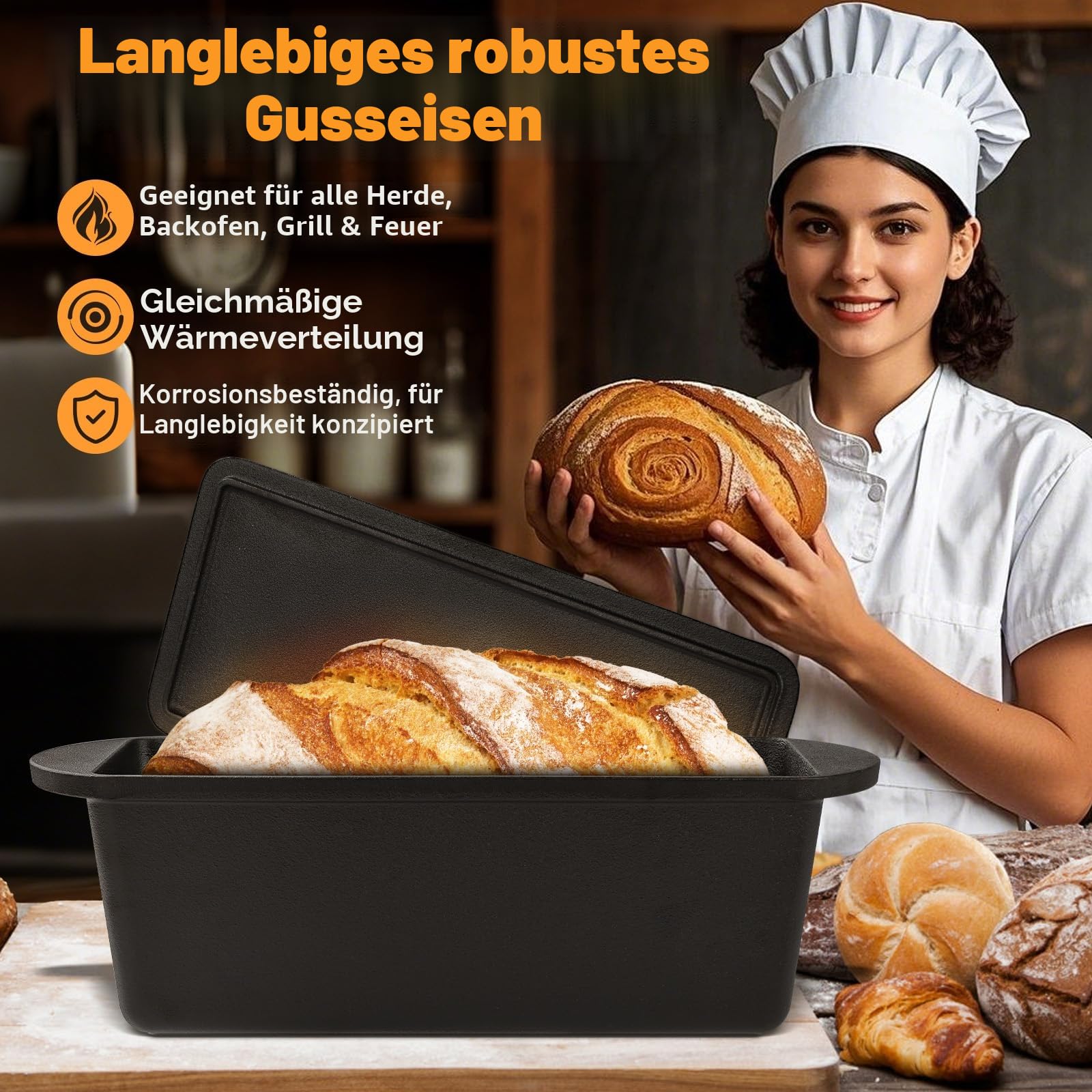 NZQXJXZ 35cm Brotbackform mit Deckel, Gusseisen Topf Dutch Oven Gusseisenpfanne für Brot Backen, Banneton Brot Gärkorb Sauerteig Brotbacken Zubehör für Laib Form, Toast Brotbackform Eckig