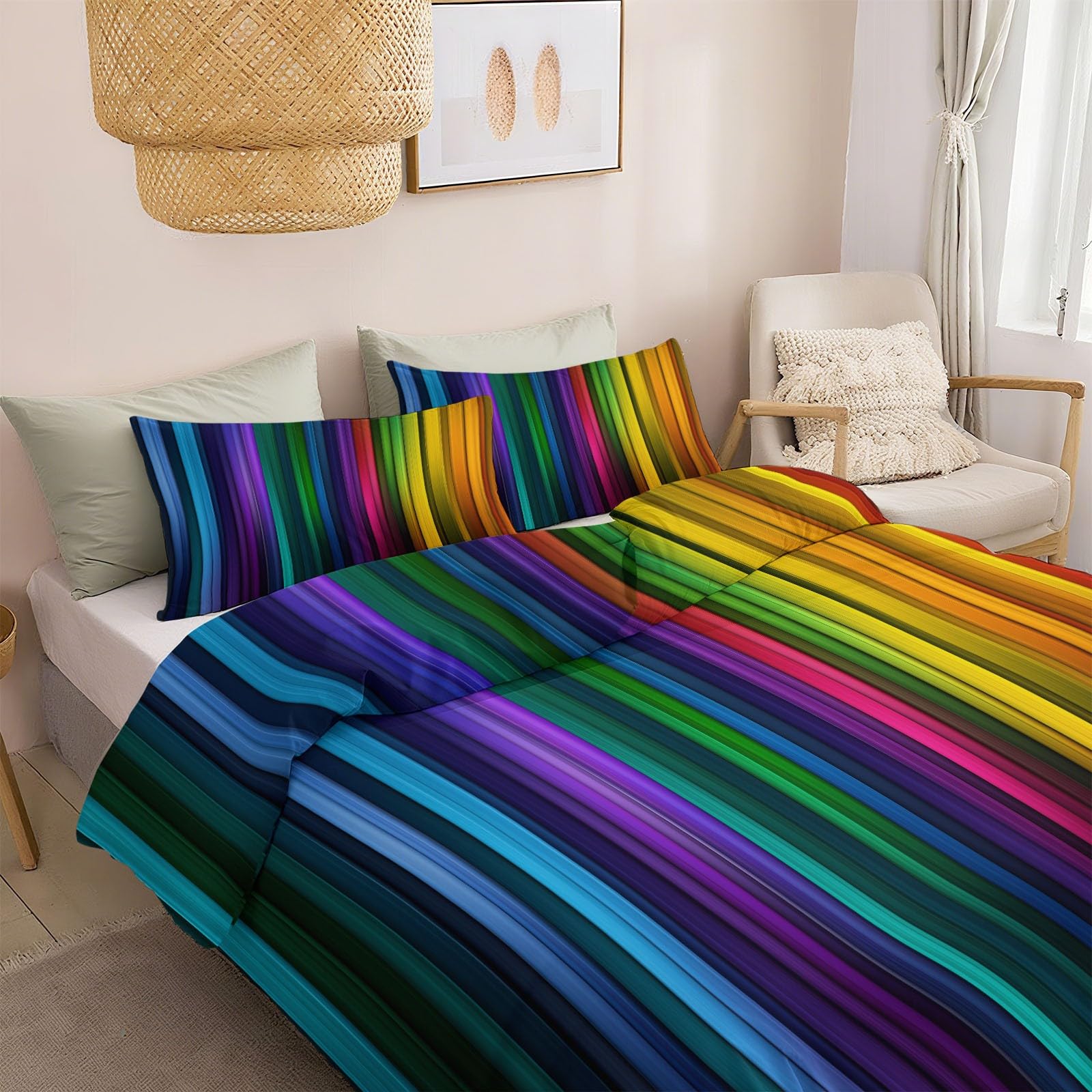 Abstrakcyjna poszwa na kołdrę w pionowe tęczowe paski Bedding 240 x 220 cm z 2 poszewkami na poduszki, wielokolorowa, miękka szczotkowana mikrofibra zestaw pościeli dla dorosłych dla 2 osób