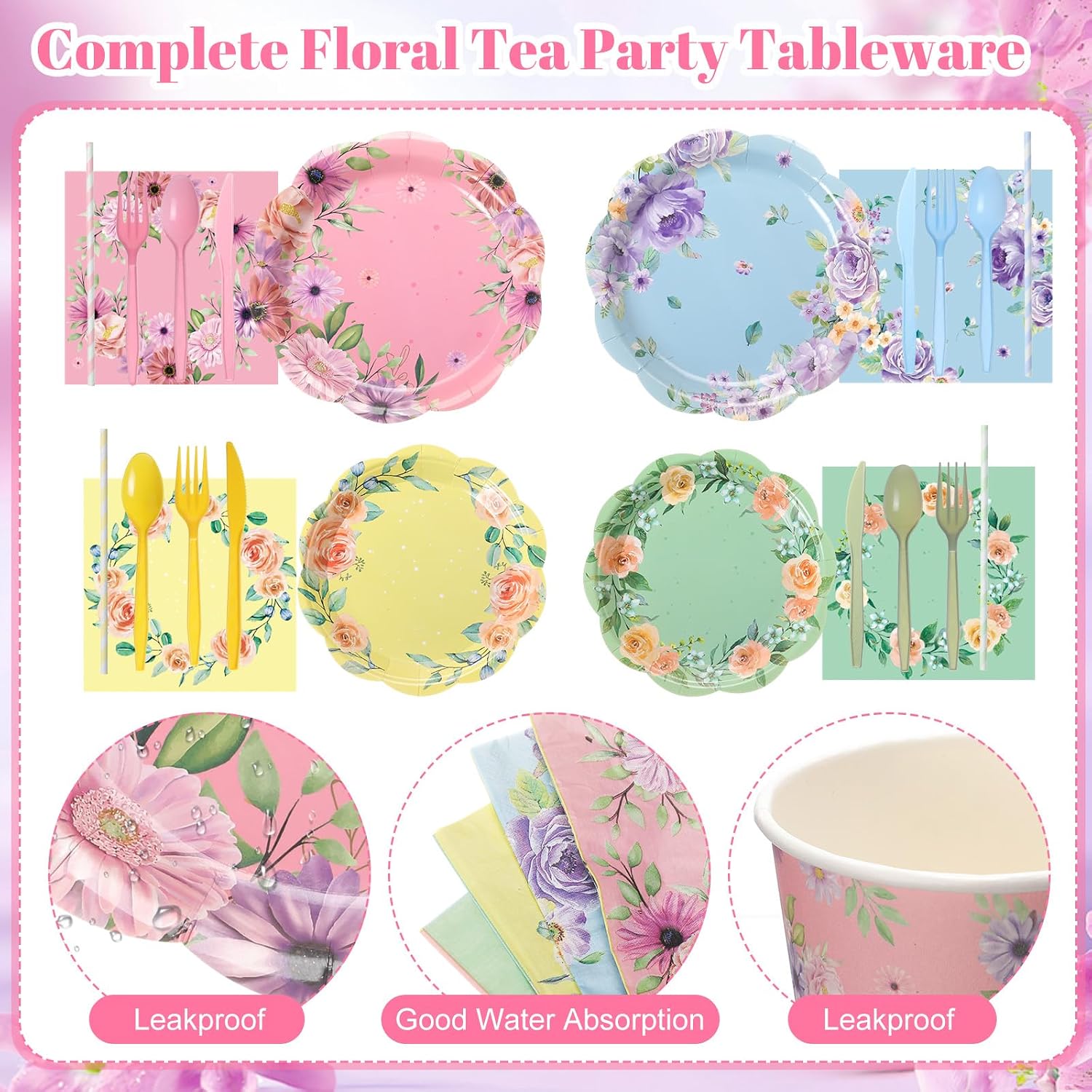 450 Pcs Floral Tea Party Tableware Set Decorations Scalloped Flower Paper Plates Napkins Cups Cutlery Straws for Pastel Garden Baby Bridal Shower Wedding Birthday Party Supplies, Serves 50