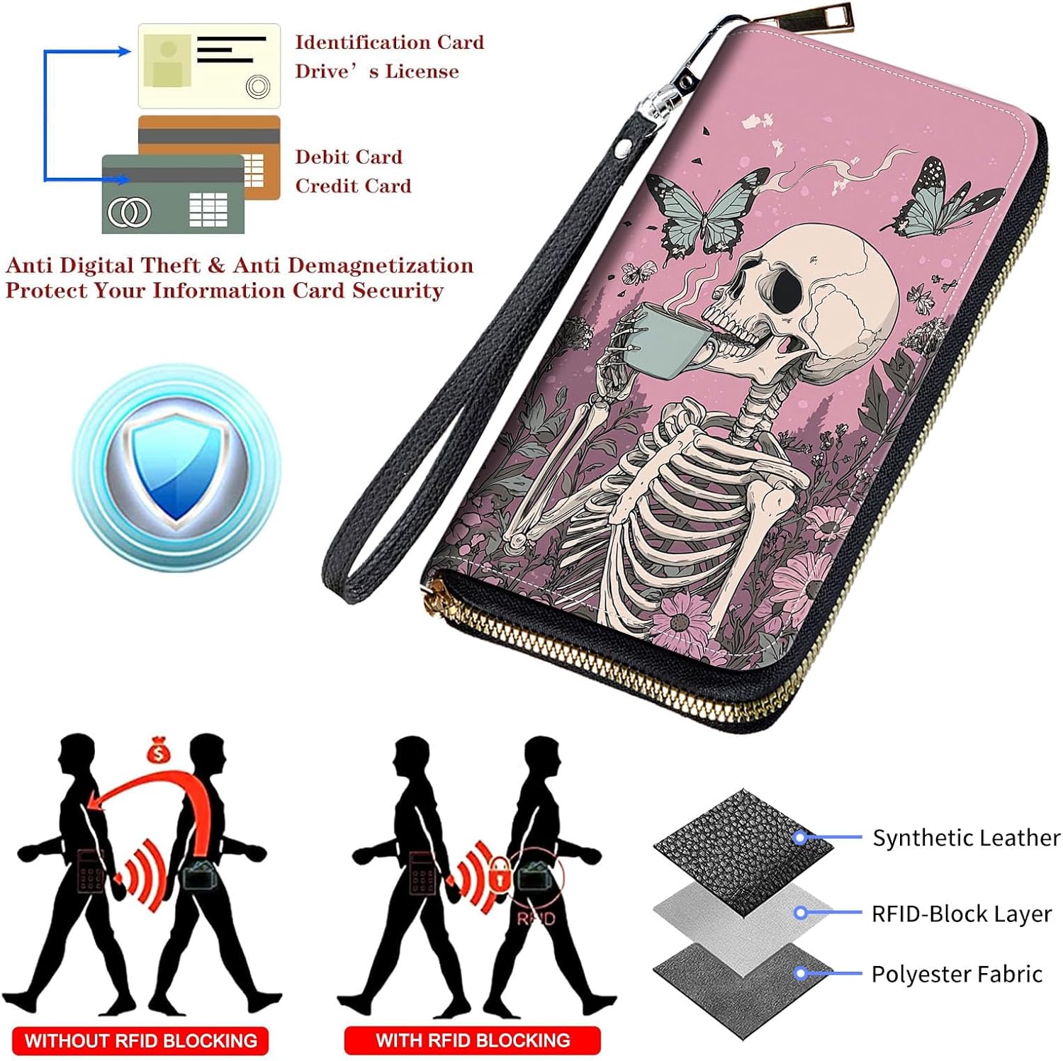 Wristlet Wallets for Women,Large Capacity RFID Blocking Leather Zip Around Travel Wallet Phone Purse Clutch Bag w/8 Cards Holder & Zip Inner Pocket-Goth Aesthetic skull - Image 3