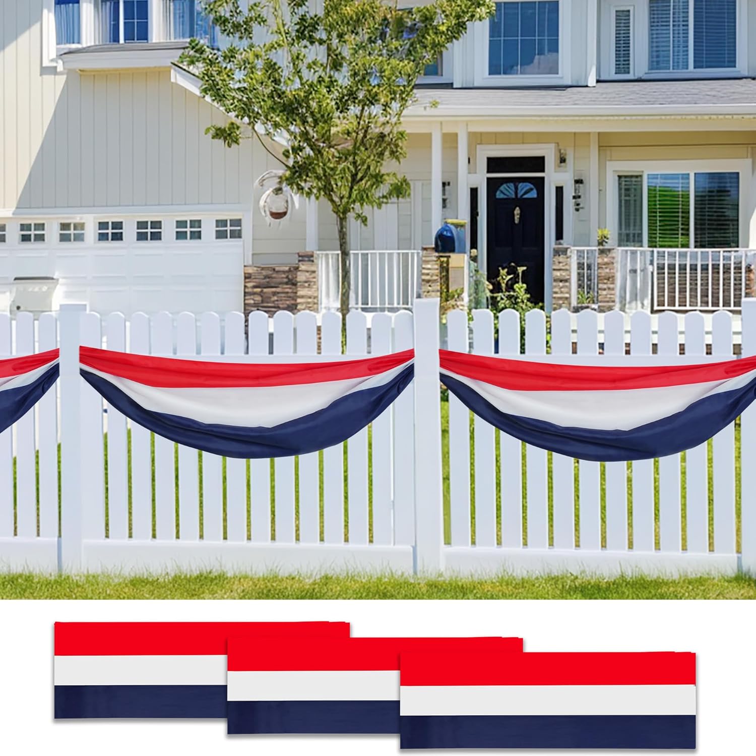 HOOSUN 4th of July Decorations Outdoor,3 Pack 2x20 Ft Patriotic Bunting American Flags for Outside,USA Flags Patriotic Fourth of July Decorations,Memorial Day Decor Red White and Blue Banner for Porch
