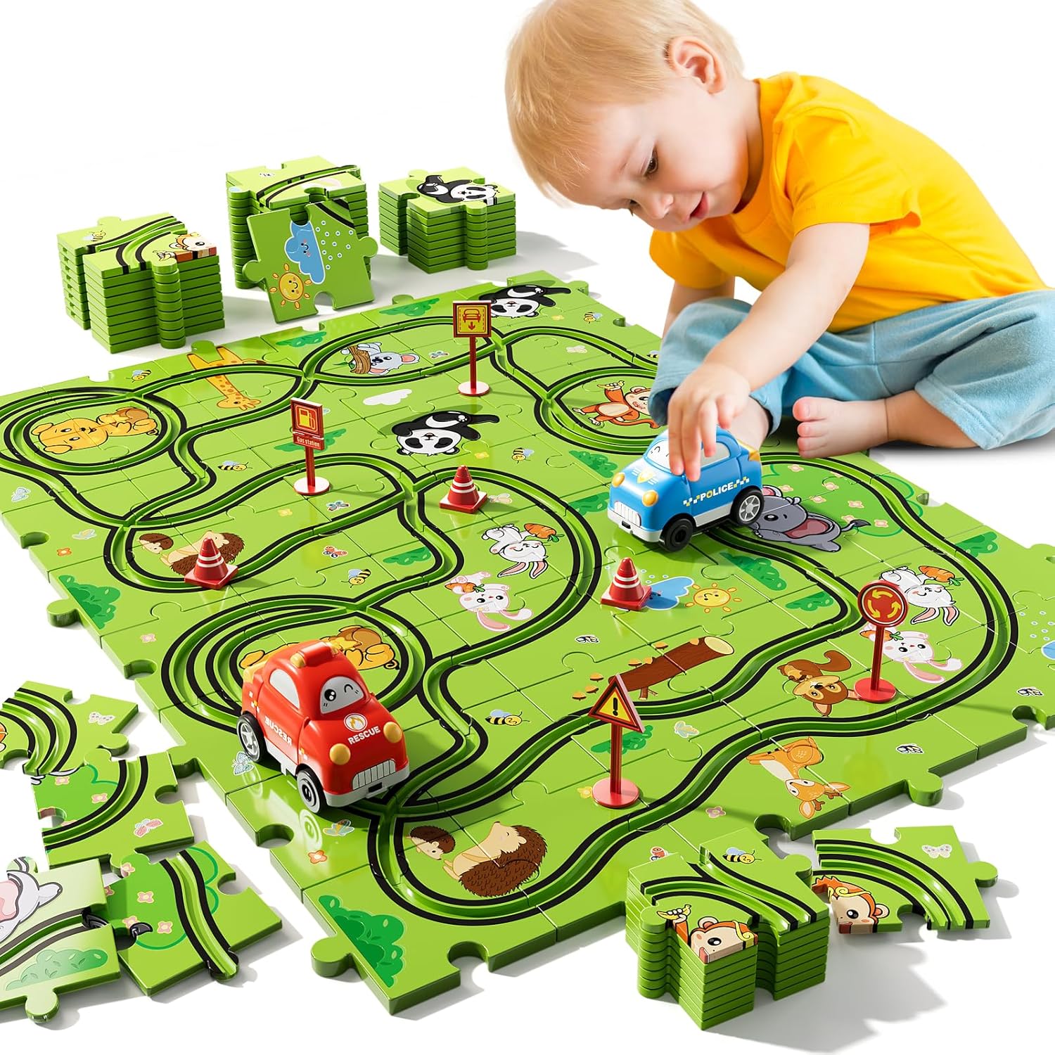 Bennol Toddler Toys Gifts for 2 3 4 5 Year Old Boys 56PCS Jigsaw Puzzle Race Track Car Set for Kids Toddlers 1-3 2-4 3-5 4-6 Puzzle Tracks Car Toys Gifts for 2 3 4 5 Year Old Boys Kids