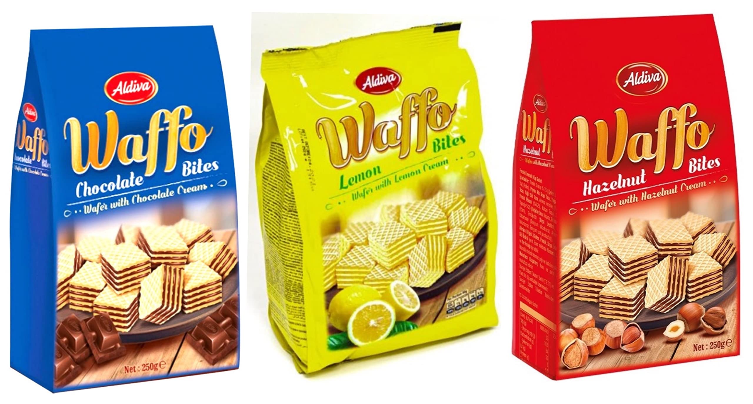 Buy Wafer Bites Biscuit Bundle 3 Flavours Lemon, Hazelnut, Chocolate Large 250g bags Cream