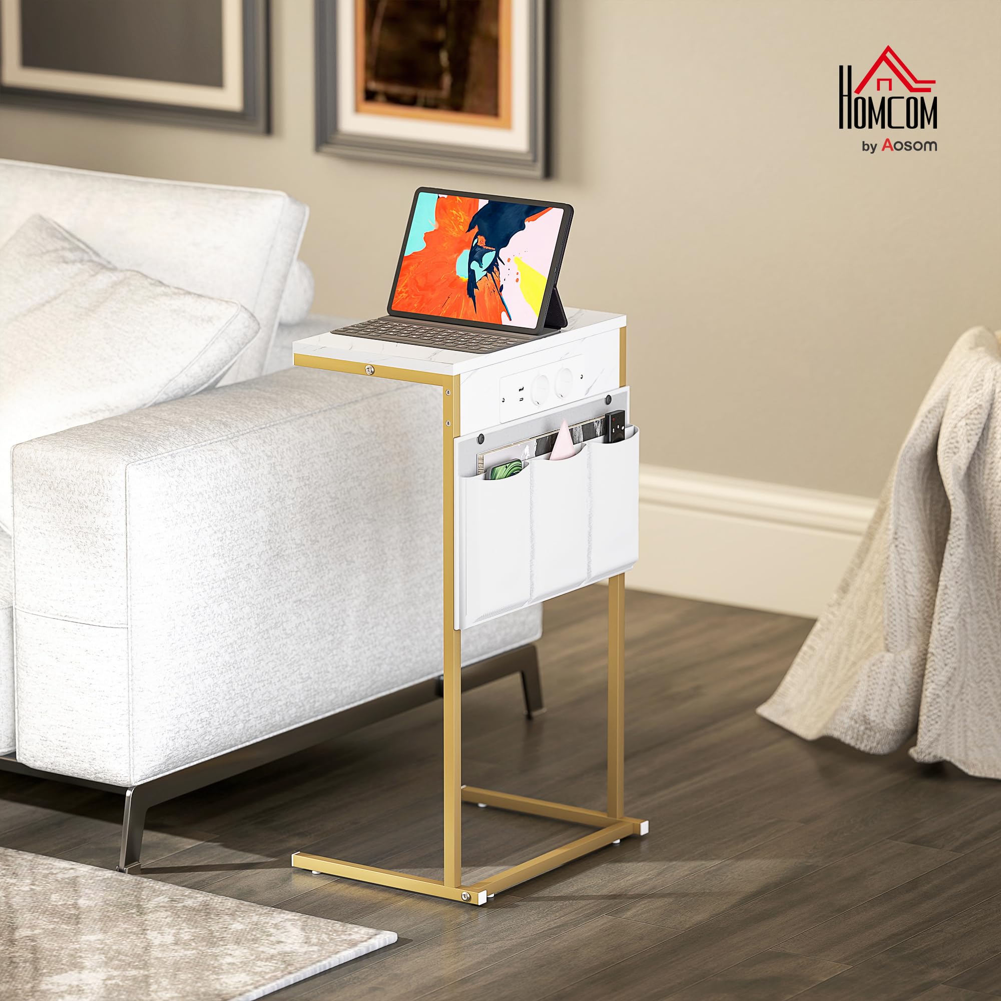 HOMCOM Mesa Auxiliar con Estación de Carga Mesa para Sofá con 2 Puertos USB 1 Puerto USB-C y Bolsillo Organizador Mesita Auxiliar para Salón Dormitorio Blanco