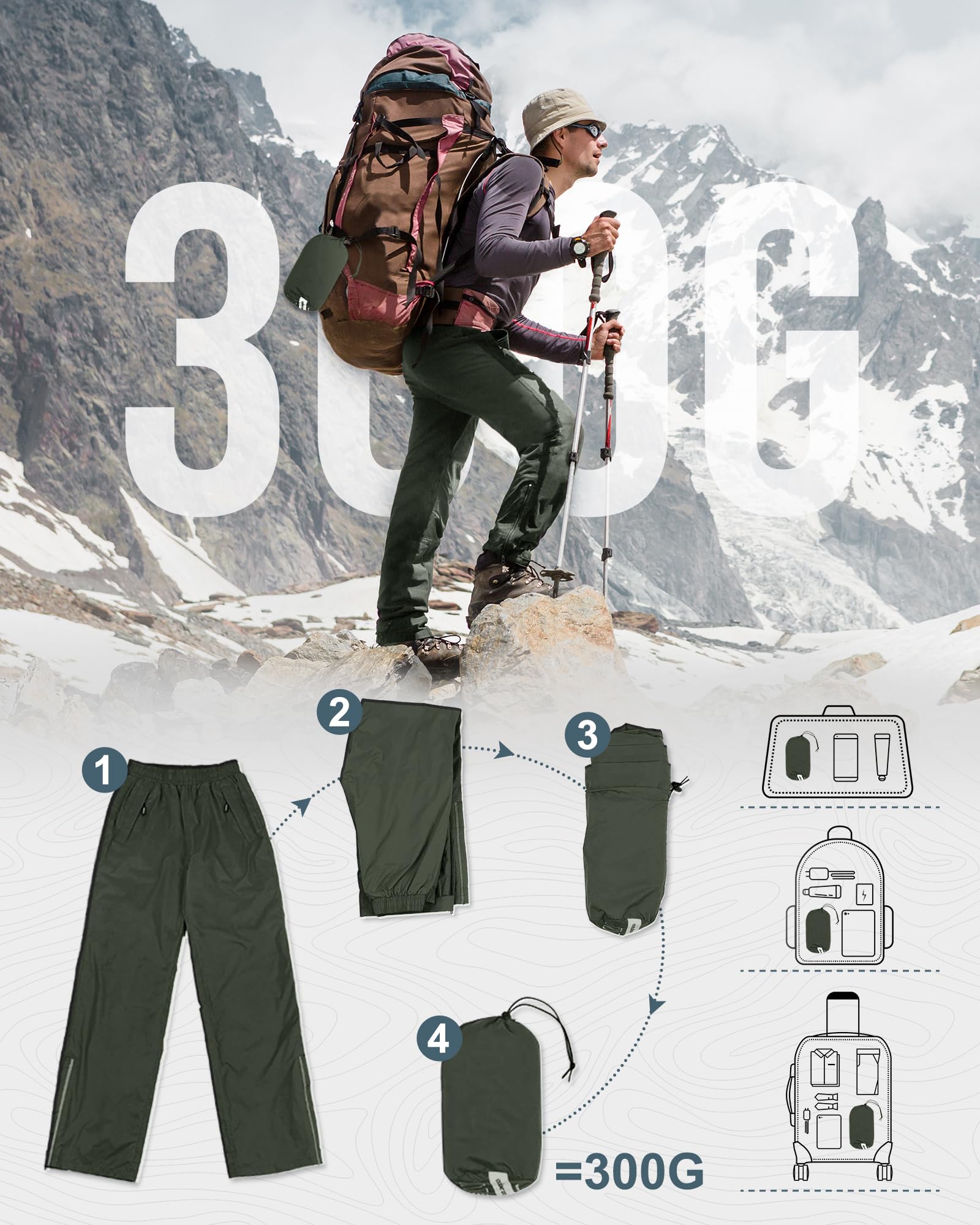 Outdoor Ventures Pantaloni antipioggia da uomo, per bicicletta, impermeabili, traspiranti, antivento, per attività all'aria aperta, da trekking, leggeri