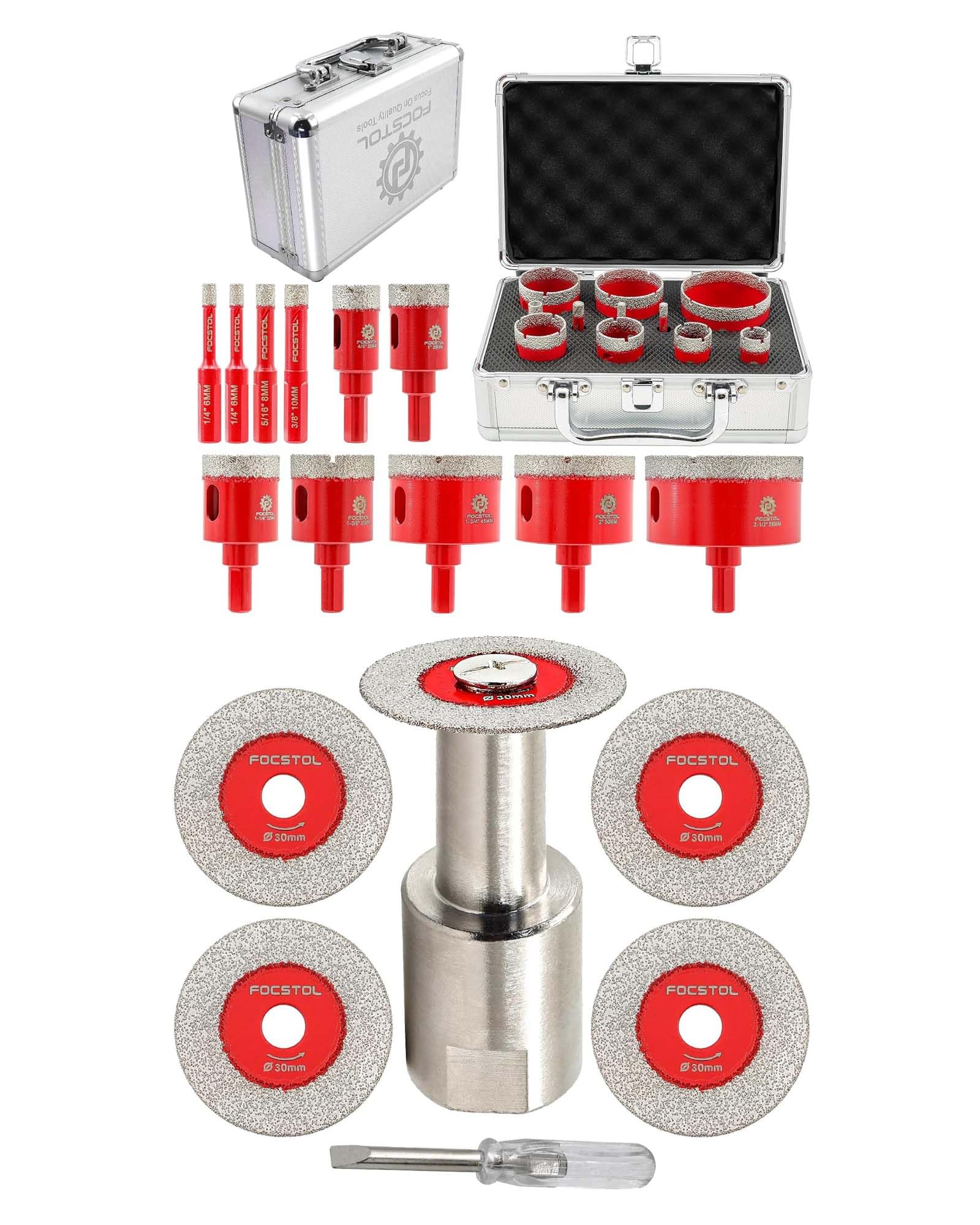 FOCSTOL Disco Corte Vidrio 5 piezas 30mm y 1 pieza M14 Brida y Juego de Brocas Diamante 11 piezas