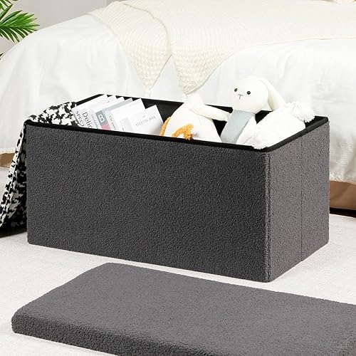 Miniatura 112 de PINPLUS Otomanas otomanas de almacenamiento con forma cuadrada con reposapiés de almacenamiento para sala de estar, asiento otomano Boucle para