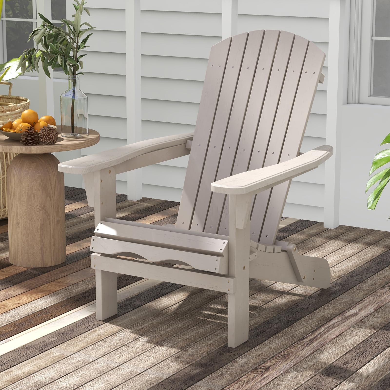 KOMFOTTEU Silla Adirondack Plegable, Silla de Jardín de Madera de Abeto, Silla Tumbona con Respaldo Alto y Reposabrazos, Sillón de Exterior Carga 180 kg para Patio, Terraza, Balcón (Gris x 2)
