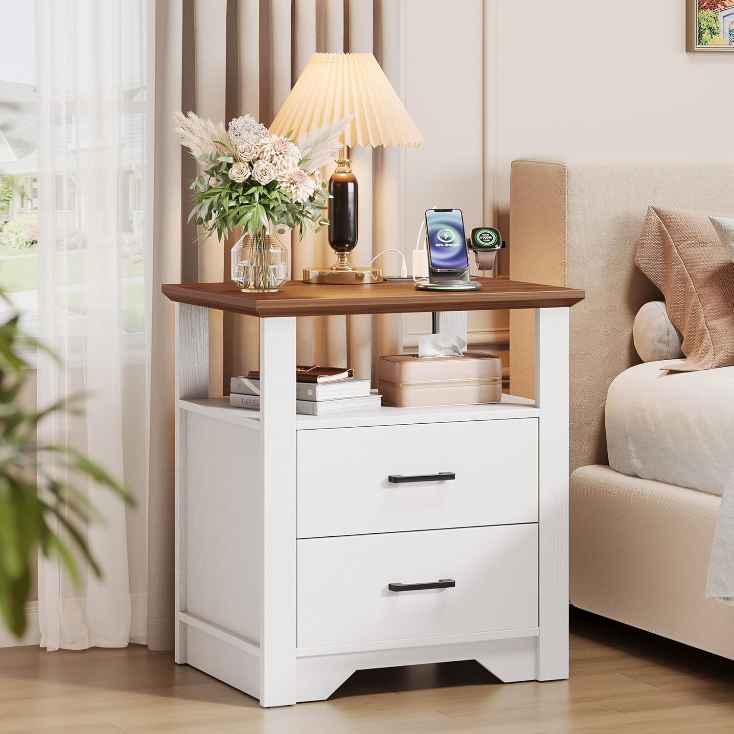 LED Nightstand with Charging Station, 21.7" W Modern Night Stand with 2 Storage Drawers & Open Shelf, Wood Bedside Table End Table for Bedroom (1, White)