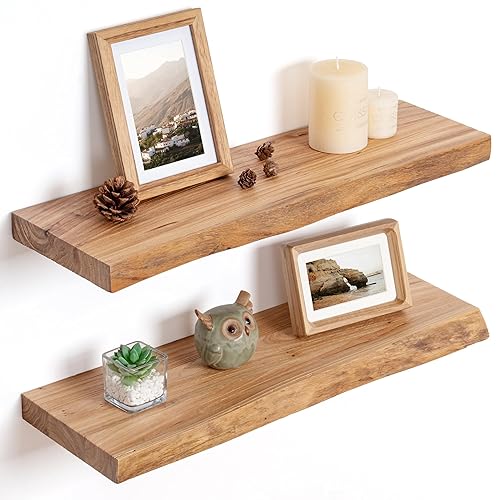 Floating Shelves for Wall Decor, Rustic Solid Elm Wood Live