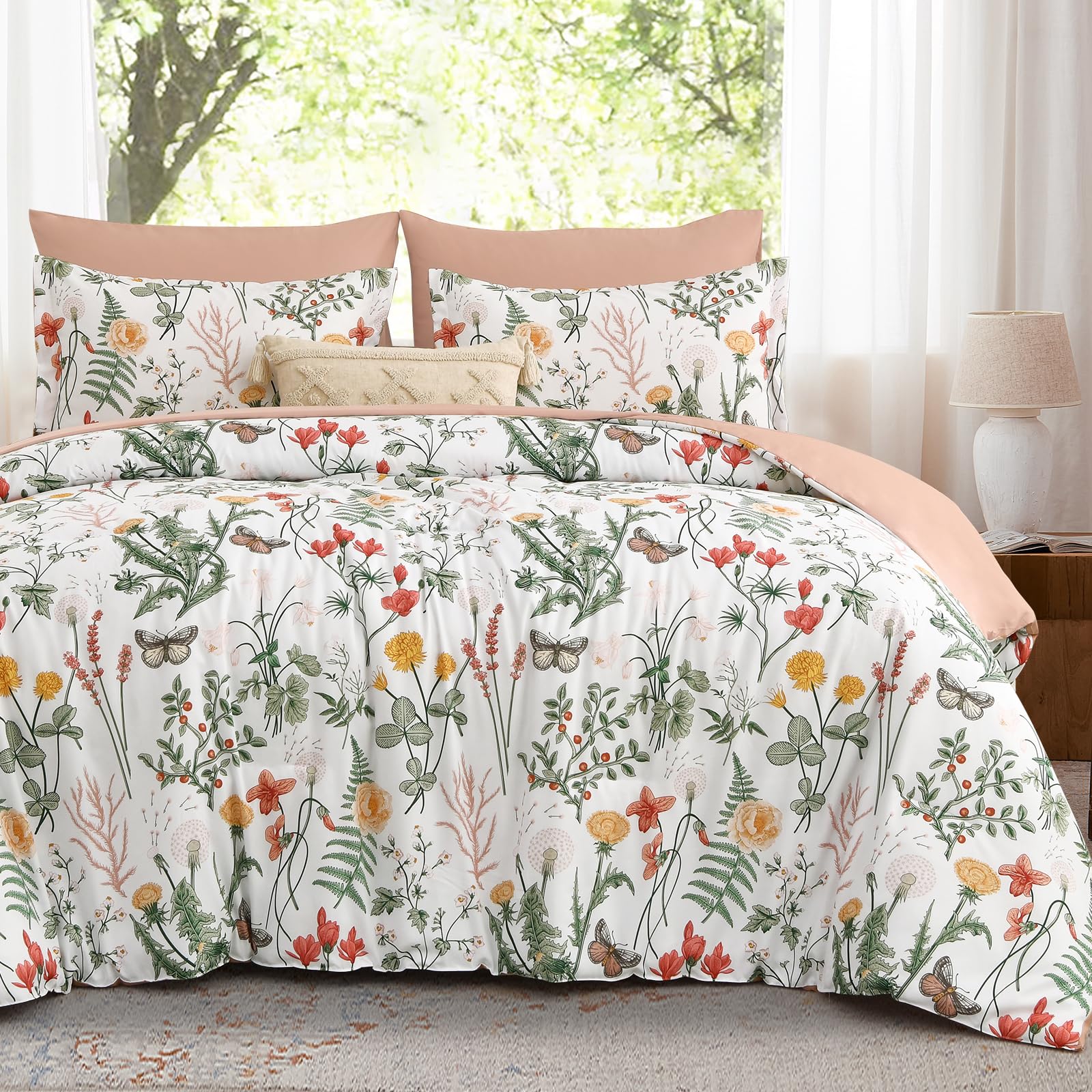 WONGS BEDDING King Size Duvet Cover Set 3 Piece, White Pink Floral Bedding Set, Quilt Cover with Botanical Flowers Patterns, Soft Brushed Microfiber Bedding Cover with 2 Pillowcases, 230x220 cm