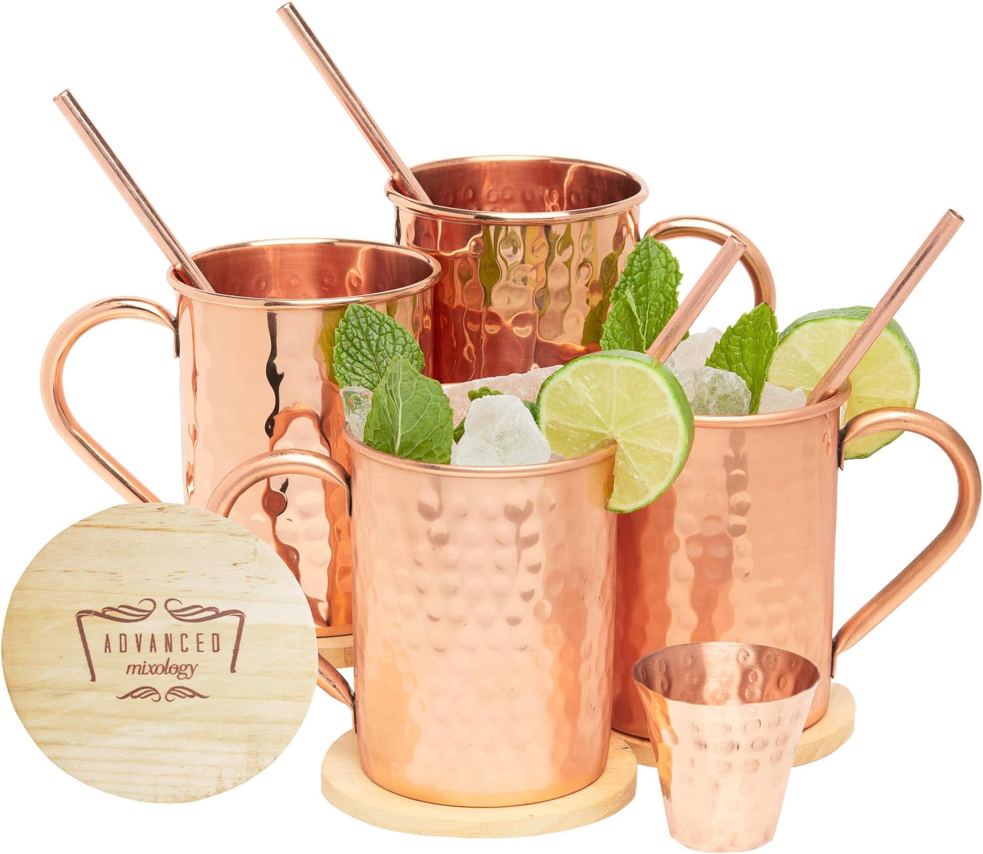 Advanced Mixology Moscow Mule Gift Set Pure Copper 1/2 Pound Mugs (Set of 4)- 16 Ounce with 4 Artisan Hand Crafted Wooden Coasters-Classic