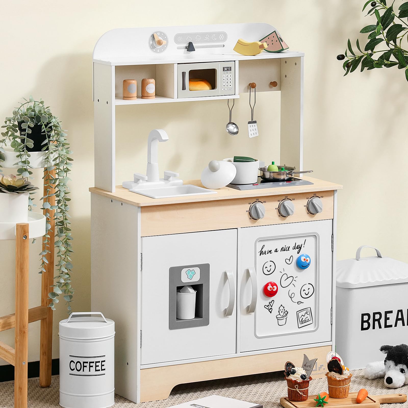 SainSmart Jr. Cocina de juguete de madera para niños – Juego de cocina de alta calidad para niños pequeños – Incluye estufa, nevera y accesorios para niños y niñas, color blanco