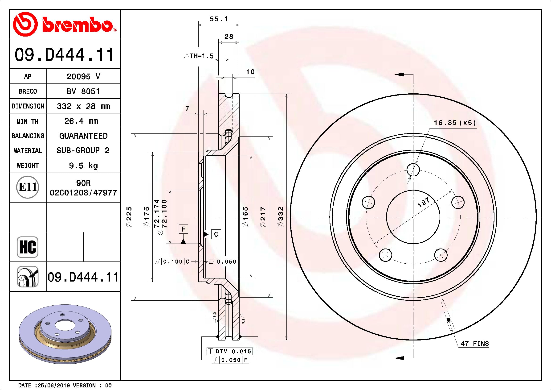 BREMBO 2x Discofreno 09.D444.11 Compatibile con: JEEP WRANGLER III, WRANGLER IV