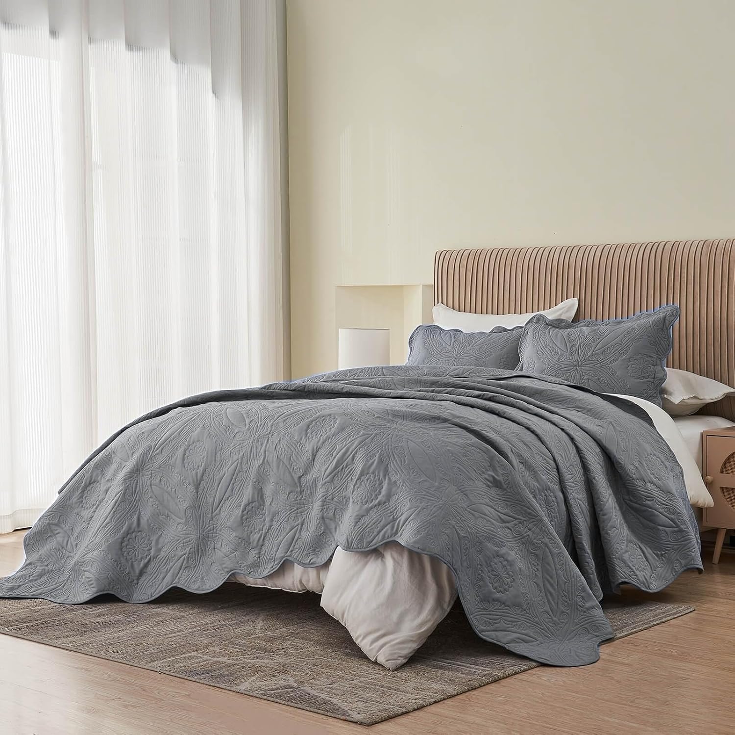 Kingnex Exta Wide Oversized King Bedspreads 128x120 for Tall King or Cal King Bed Ultrasonic Quilted Coverlet Set 3 Piece Include 1 Quilt 2 Pillowcases Grey