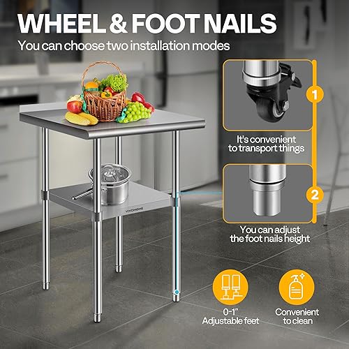 Miniatura 3 de VIVOHOME Mesa de trabajo de acero inoxidable de 24 x 24 pulgadas con protector contra salpicaduras, mesa comercial de preparación con ruedas para