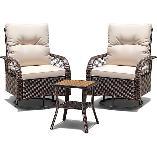 Devoko Patio Furniture Set Outdoor 3 Pieces Wicker Swivel Rocking Chairs Set of 2 with Coffee Table, Patio Conversation Set for Porch, Balcony, Deck, Garden (Brown)