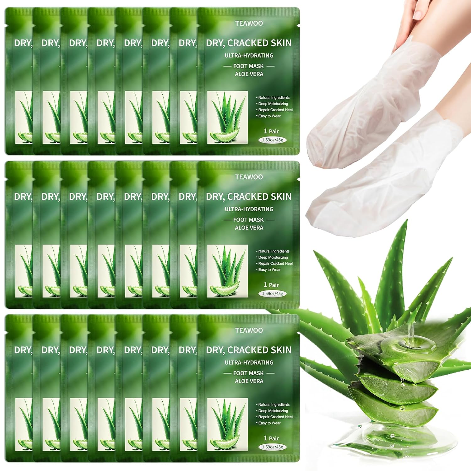 TEAWOO 24 Pairs Moisturizing Foot Masks with Aloe Vera Extract & Jojoba Oil, Intensely Hydrating Foot Mask For Dry Cracked Feet, Moisturizing Socks for Cracked Heel Treatment
