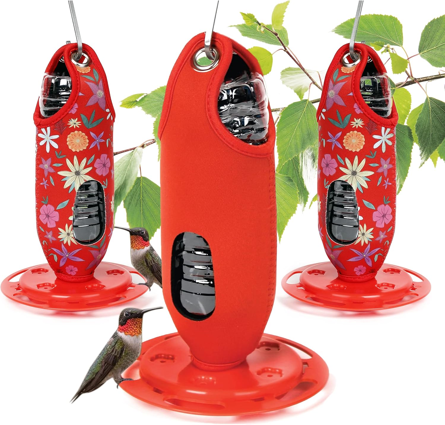 The Hummingbird Bottle - Hummingbird Feeders for Outdoor Hanging - Easy DIY Recyclable Empty Bottles Hummingbird Feeders (3 Count - 2 Floral Red and 1 Classic Red)