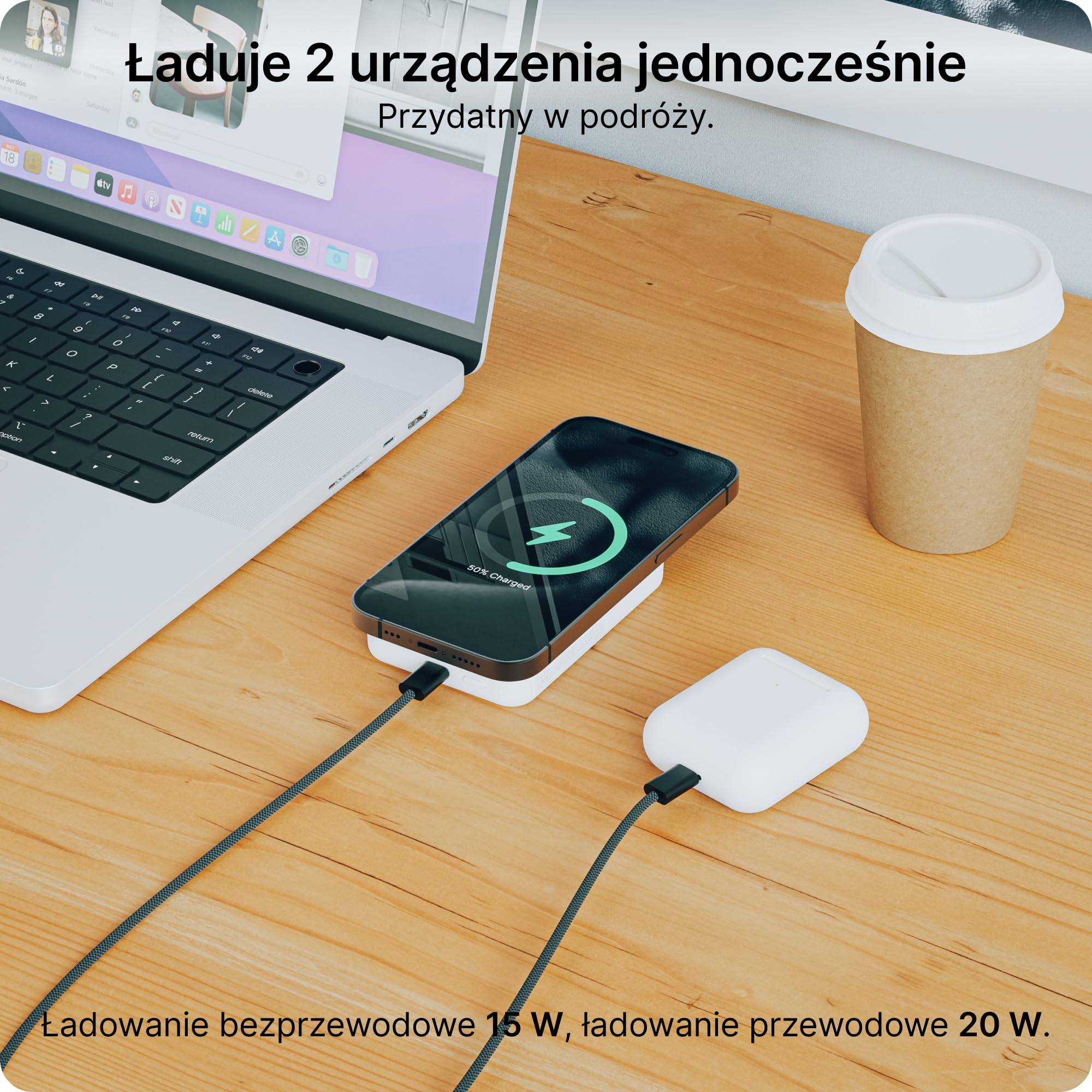 VOOMY Powerbank bezprzewodowy 10000 mAh, magnetyczny Powerbank z wejściem i wyjściem USB C, kompaktowy bezprzewodowy power bank, biały