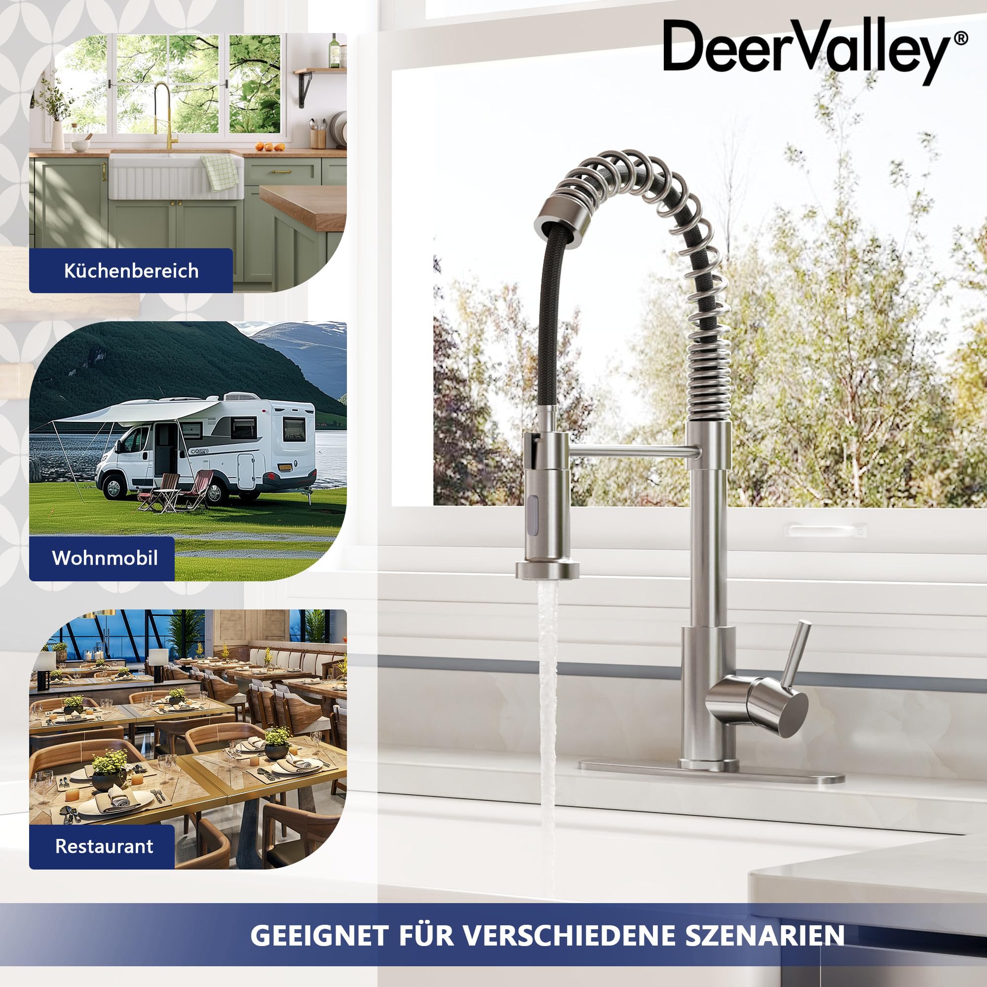 DeerValley Wasserhahn Küche Küchenarmatur Ausziehbar mit 2-Strahl-Sprühbrause Drehbarem Einhebelmischer Edelstahl Wasserhahn für Spüle, Flexibler Küchenhahn