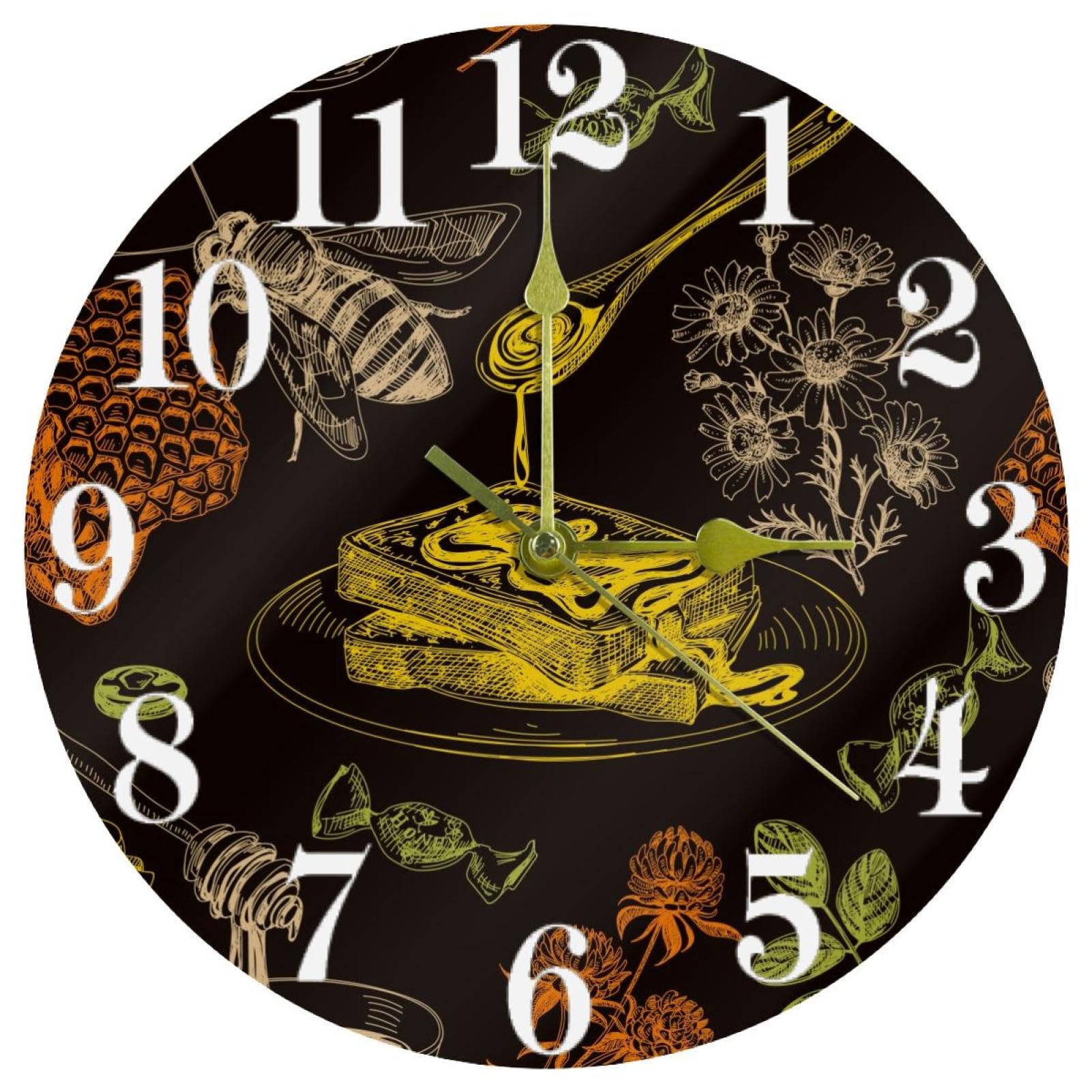 Horloge murale quartz sans tic-tac ronde motif pain et miel pour décoration de bureau